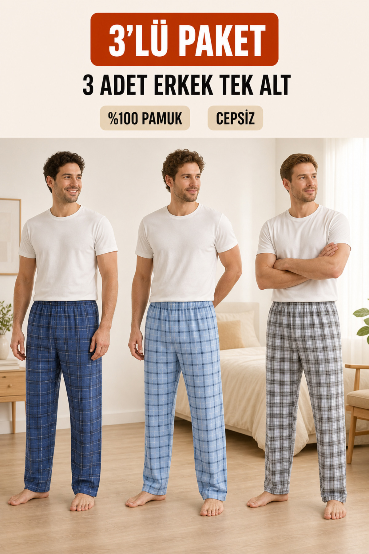 Nova Fuşya Lingerie Erkek 3'lü Paket %100 Pamuk Renkli Rahat Gecelik Pijama Altı