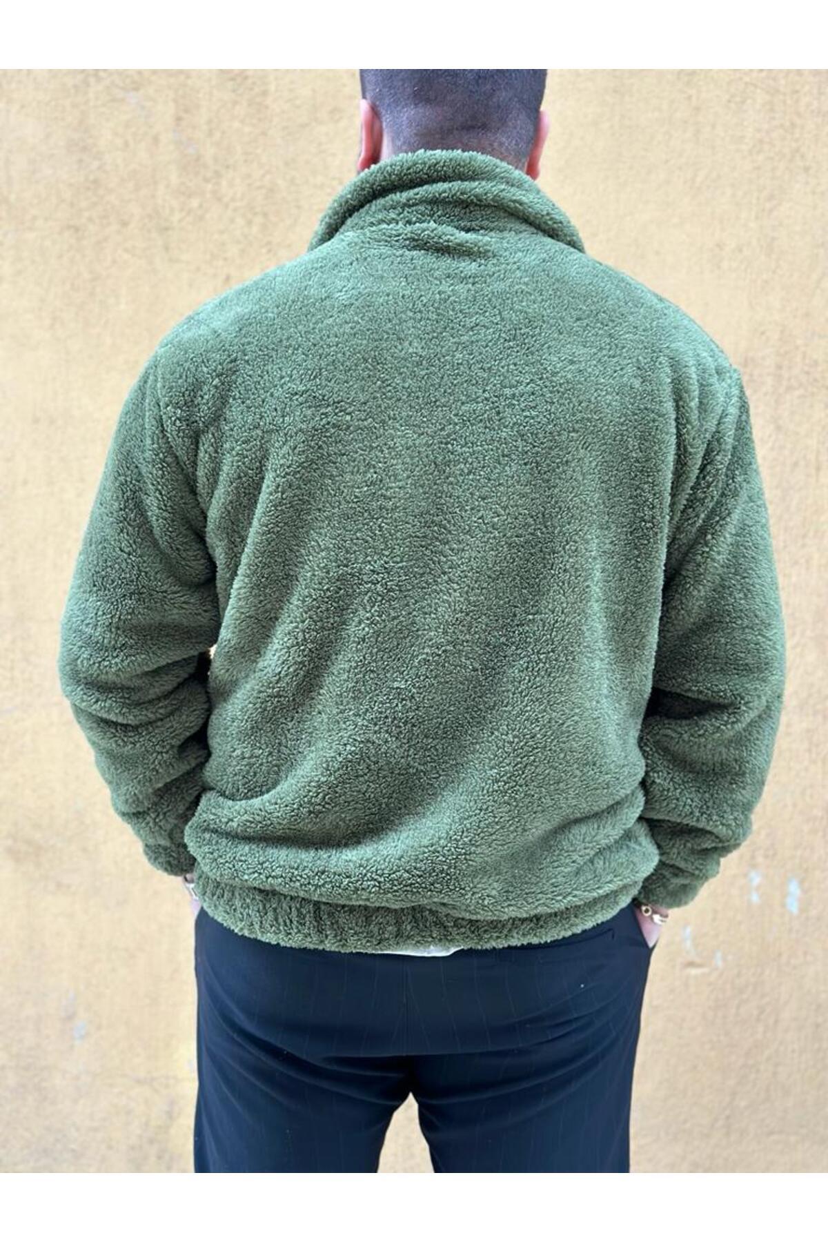 Erkek Haki Yeşil Oversize Fermuarlı Peluş Mont — سبز PELUŞCEKET — تصویر 4 از 5