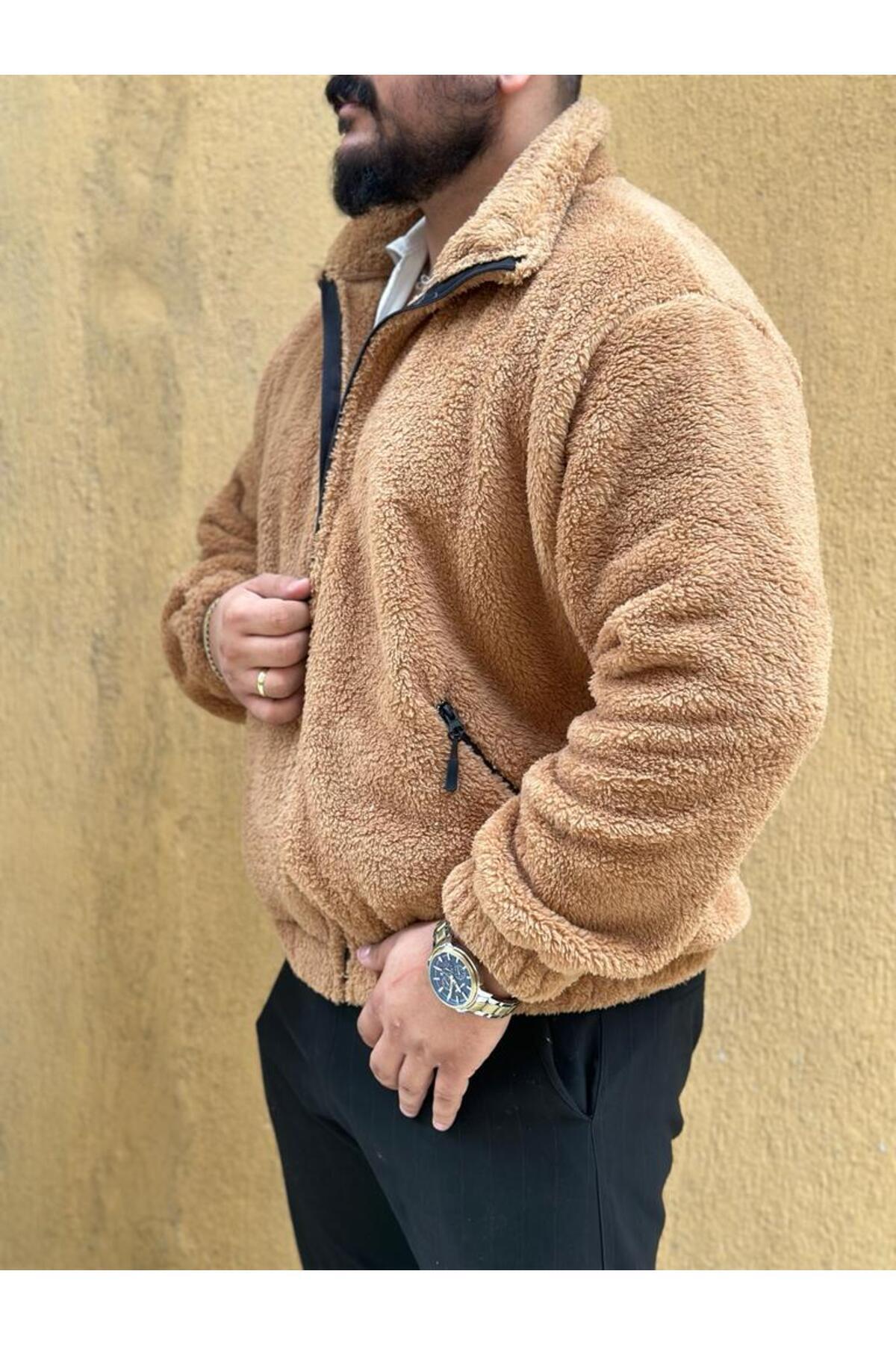 Camel Tarçın Peluş Wellsoft Dik Yaka Cepleri Fermuarlı Oversize Kesim Peluş Ceket — قهوه‌ای PELUŞCEKET — تصویر 5 از 7