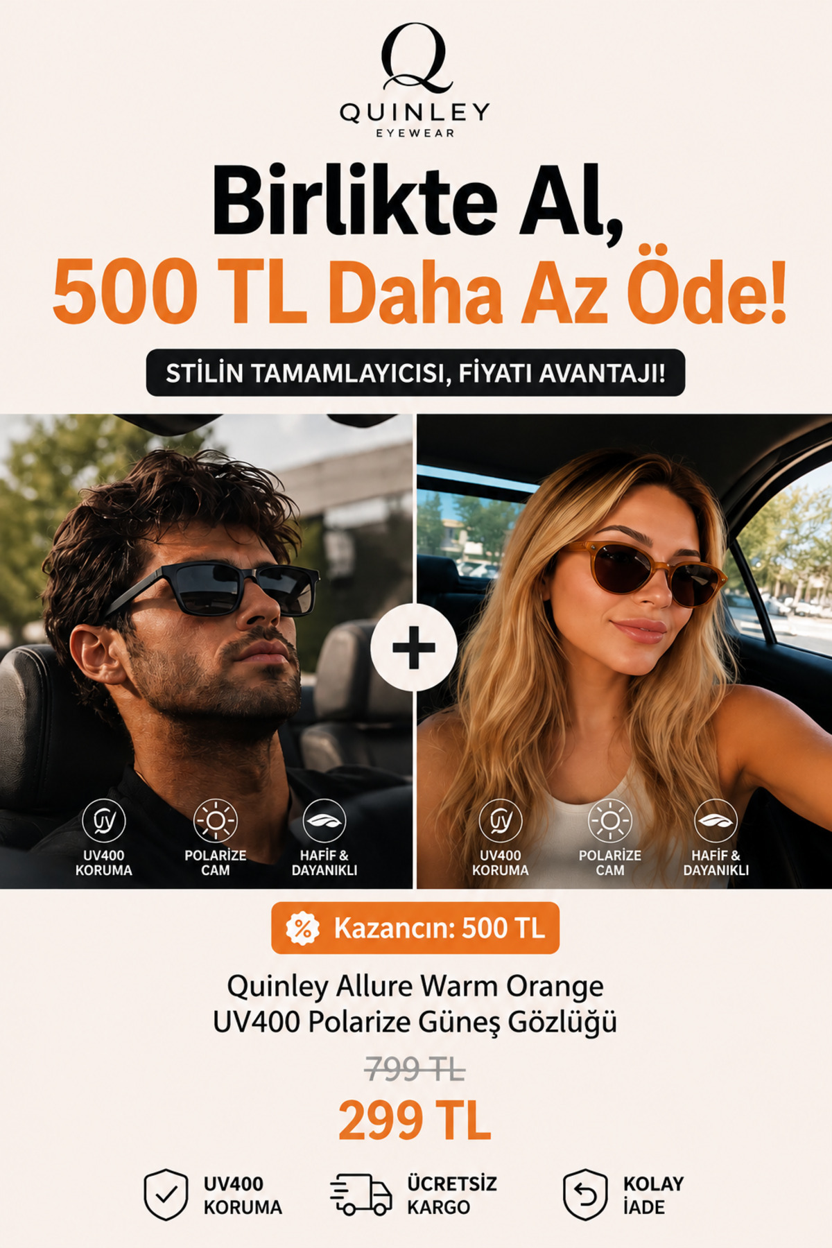 Quinley Vila Black UV400 Polarize Güneş Gözlüğü Erkek-Premium Series Çelik Menteşeli görsel 4