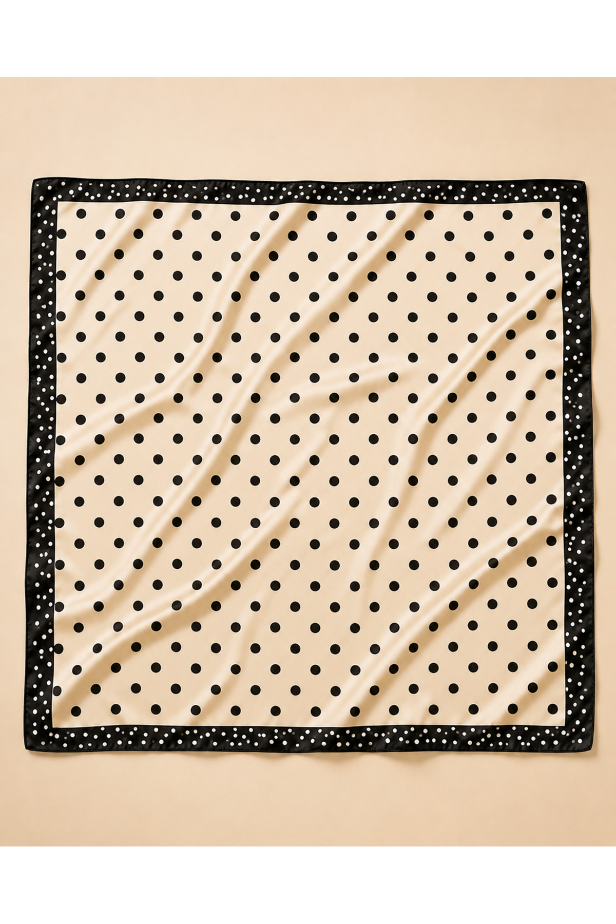OUS Kadın Puantiyeli 50x50 cm Saten Fular, Siyah Kenarlı İpeksi Dokulu Kare Boyun Saç ve Çanta Aksesuarı görsel 5