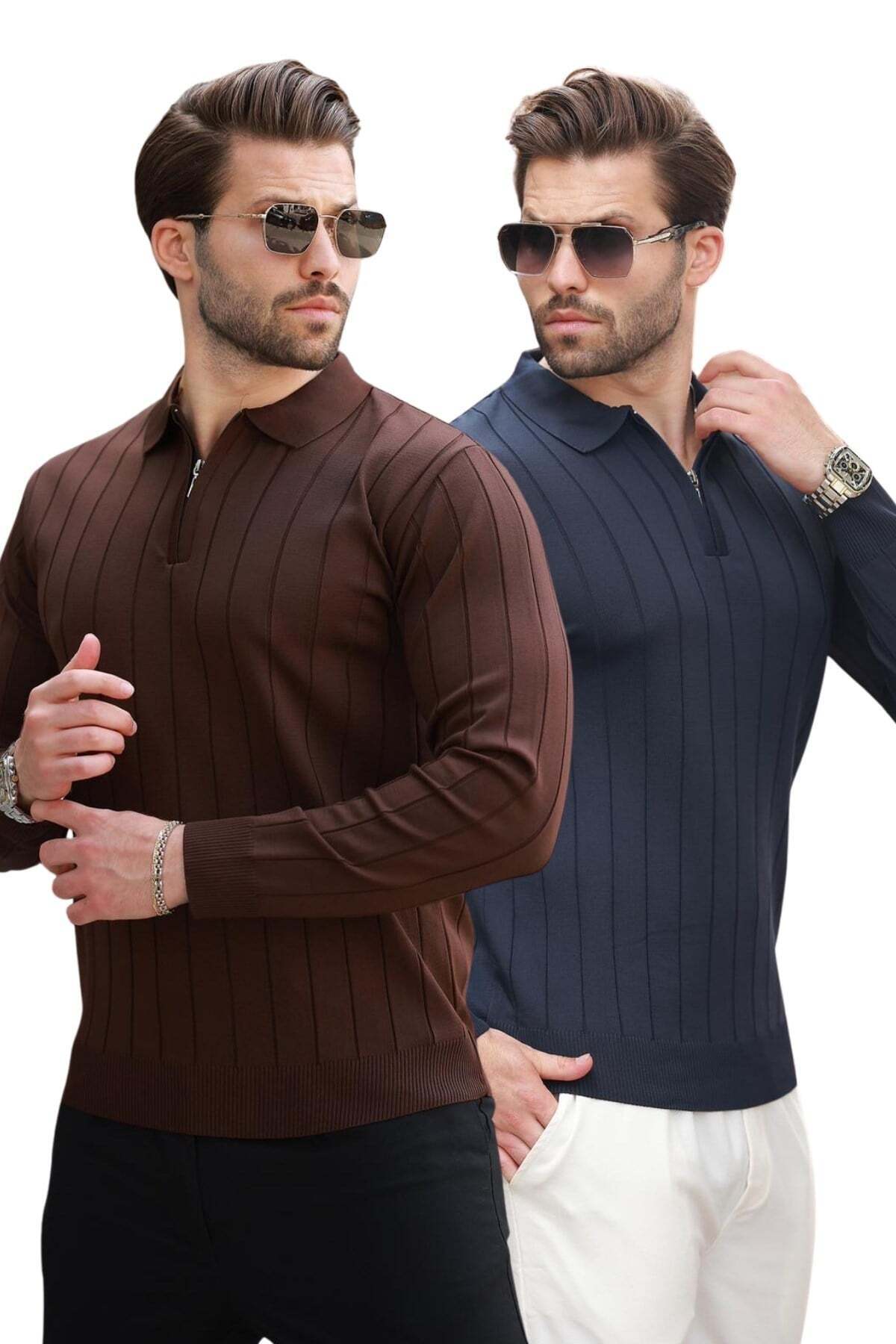 ست ژاکت بافتنی یقه پولو قهوه‌ای/سرمه‌ای زیپ‌دار، ۲ عددی، کد ۷۲۴۲ — رنگارنگ — تصویر 3 از 3