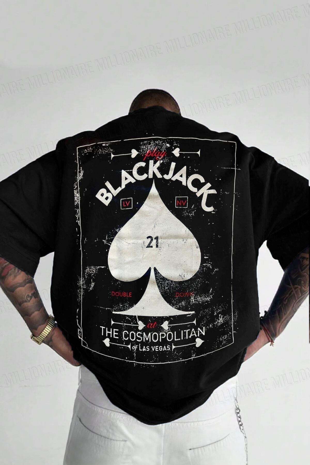 Millionaire Erkek Siyah Black Jack Oversize Fit Bol Geniş Kalıp Salaş Kesim T-shirt