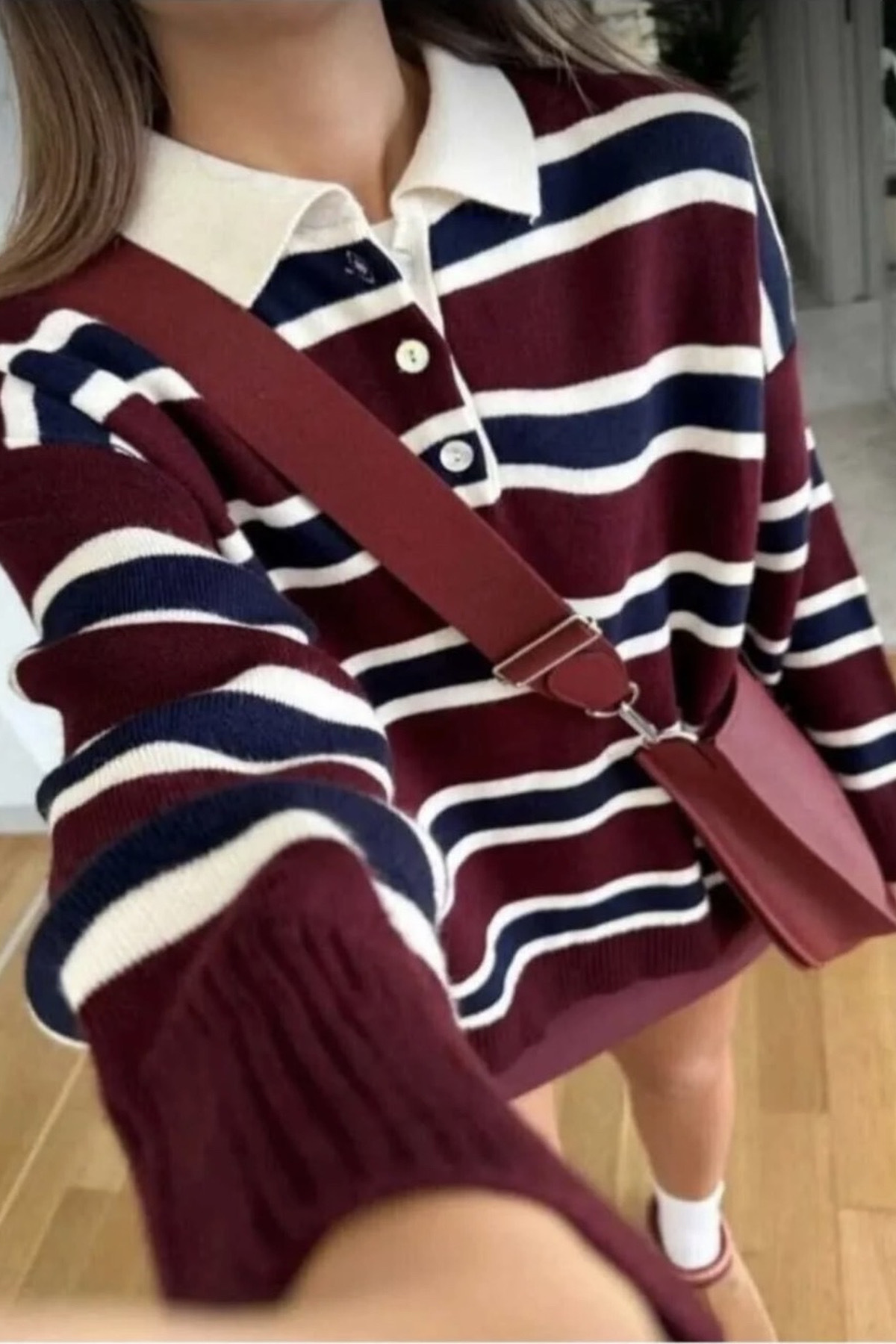 Kadın Kazak Düğmeli Polo Yaka Çizgili Oversize Triko Kazak