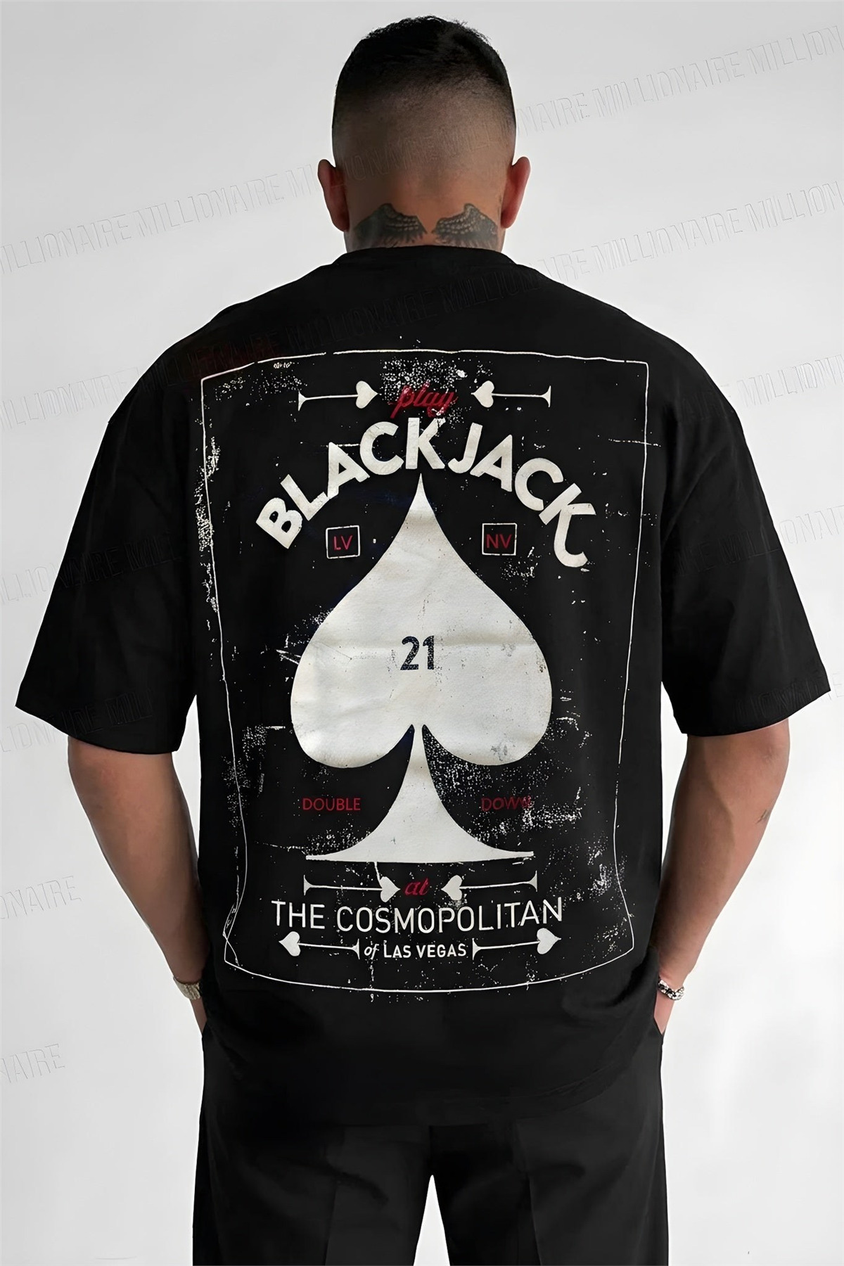 Millionaire Erkek Siyah Black Jack Oversize Fit Bol Geniş Kalıp Salaş Kesim T-shirt görsel 2