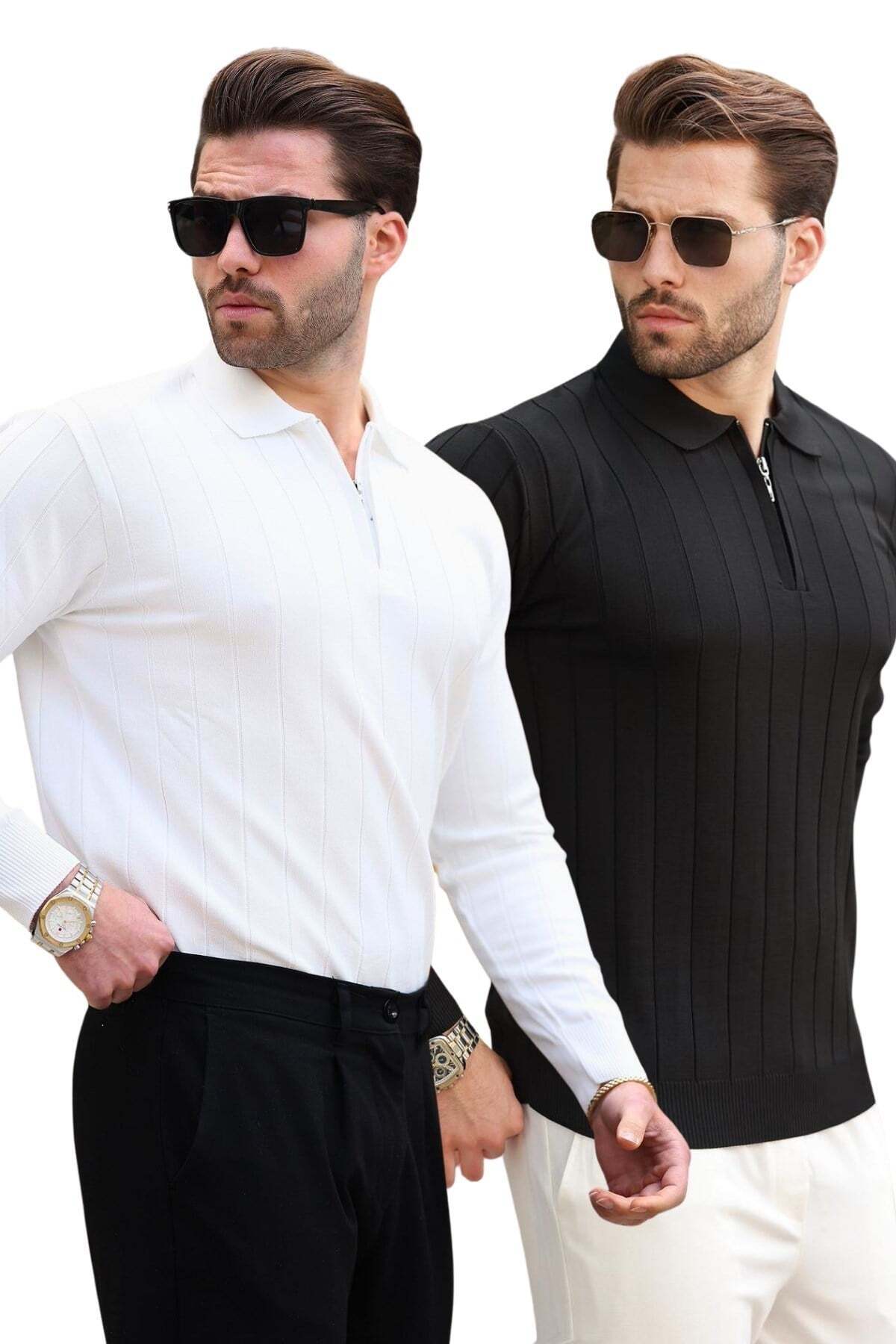 Siyah/Beyaz Polo Yaka Fermuarlı Örme Kazak 2'Li Set 7242 — رنگارنگ — تصویر 3 از 3