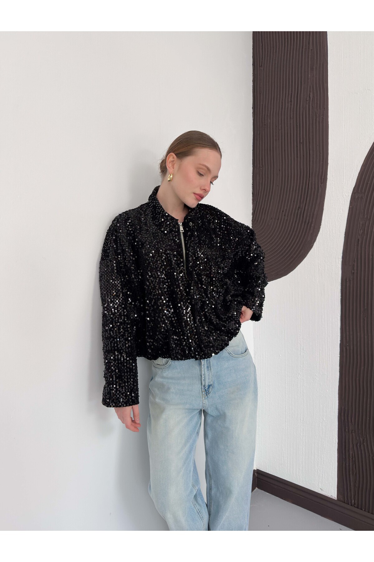 VERYMODA Payetli Oversize Kadın Ceket, Fermuarlı Işıltılı Şık Üst | F2026
