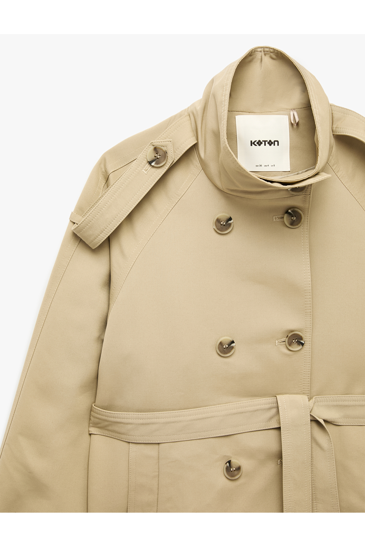 Koton Gabardin Kemerli Cepli Dik Yaka Reglan Kollu Kruvaze Trençkot görsel 7