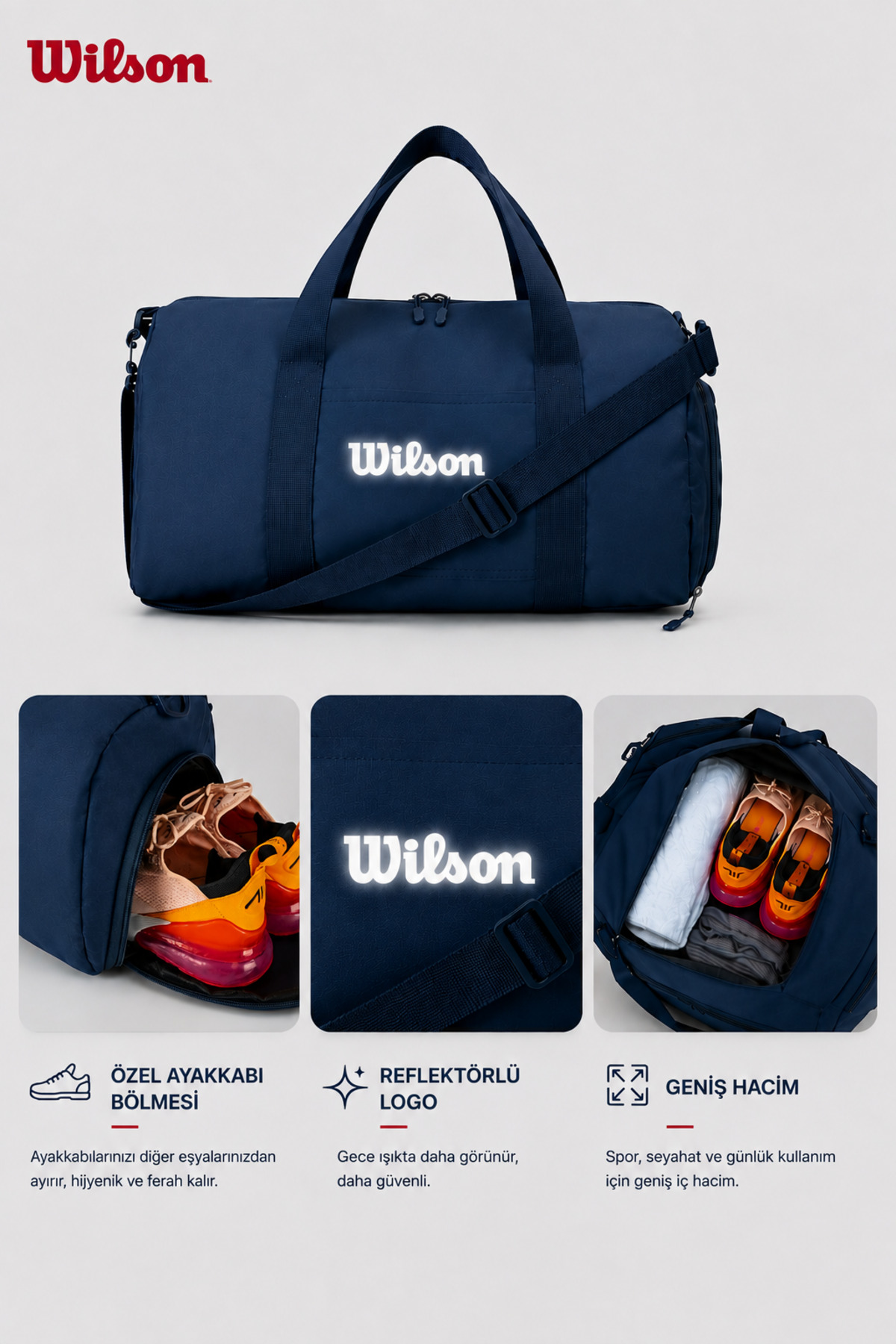 Wilson Lisanslı Unisex Ayakkabılık Bölmeli Su Geçirmez Lacivert 25 Litre Erkek Kadın Genç ve Yetişkinler için Gym Spor Fitness Seyahat Çantası El Valizi