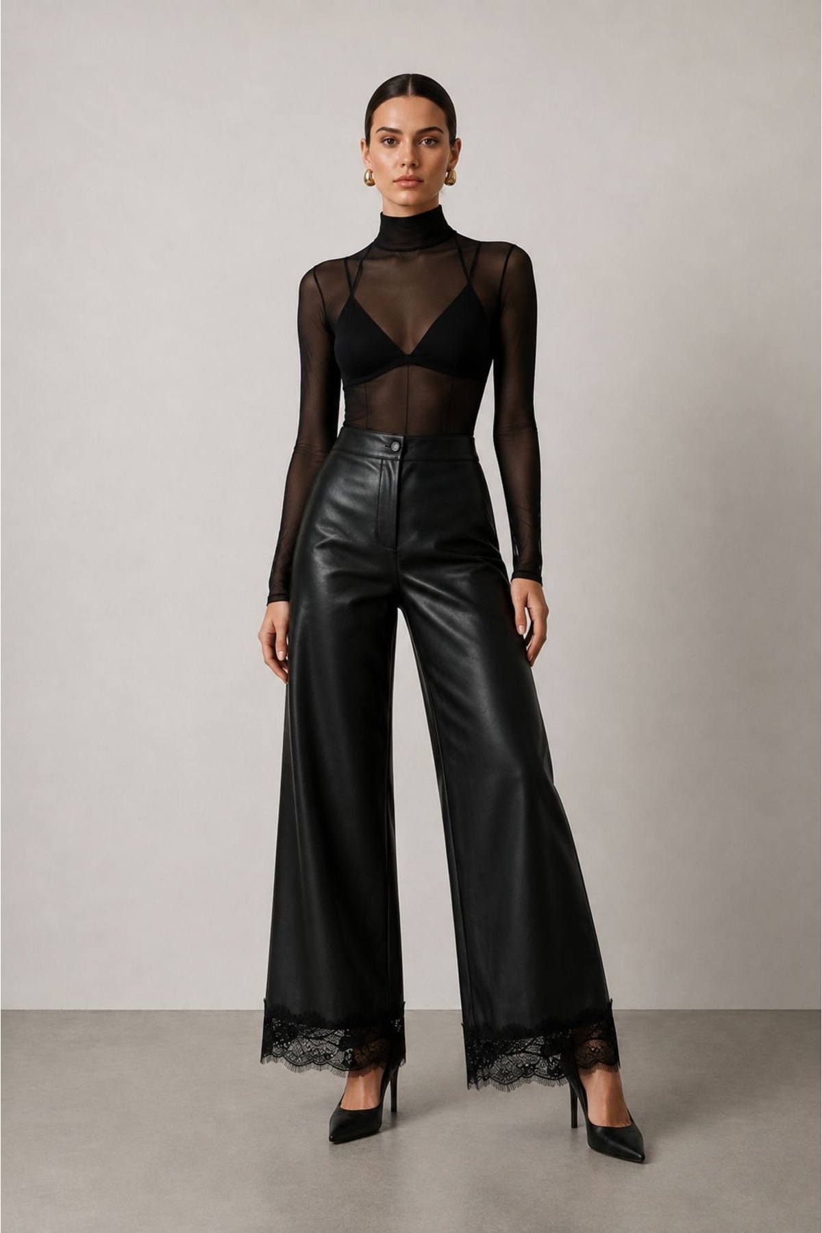 Grenj Fashion Siyah Dantel Paçalı Suni Deri Wide Leg Pantolon