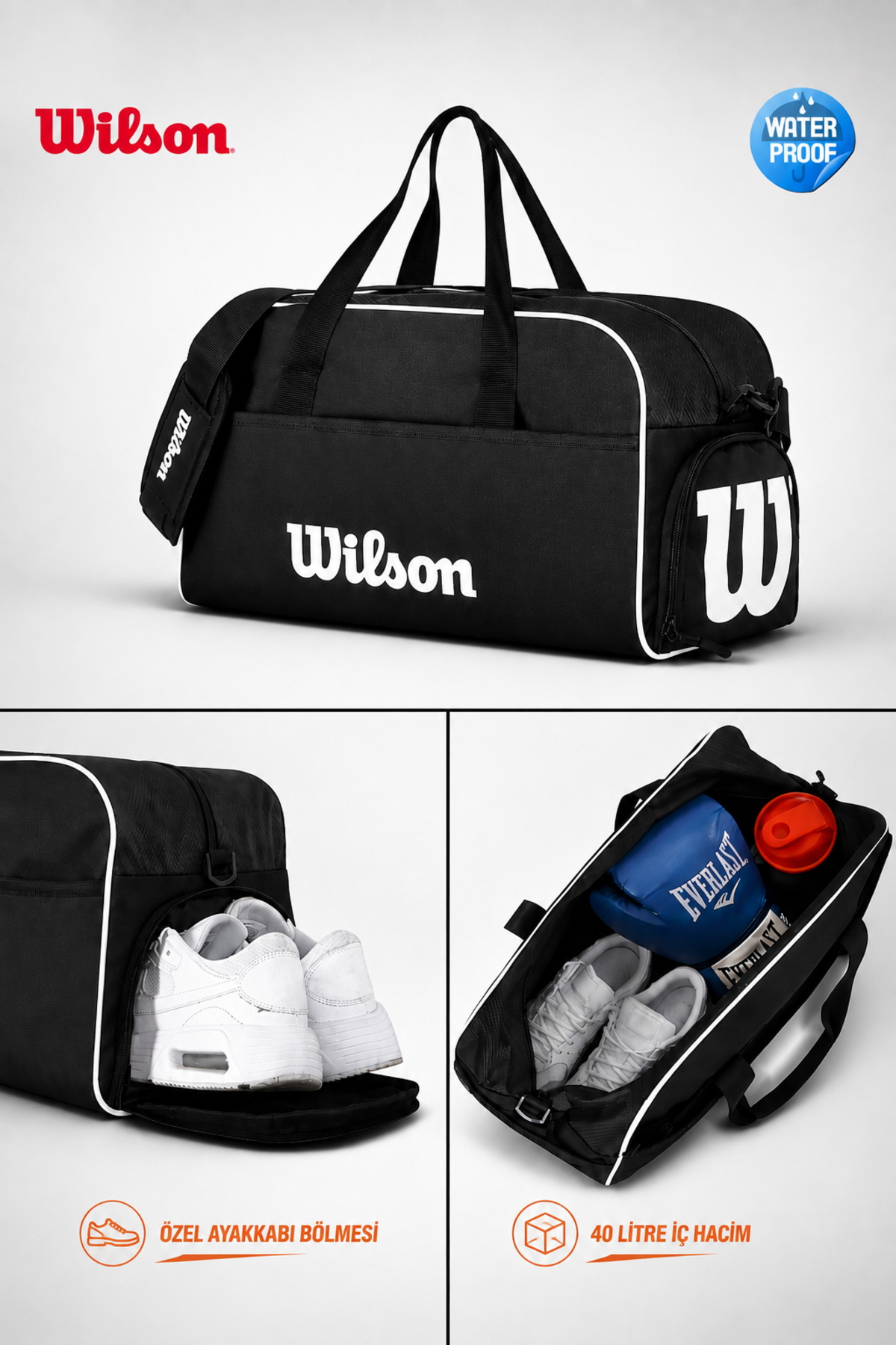 Wilson Lisanslı Unisex Özel Ayakkabı Bölmeli Su Geçirmez 40 Litre Gym Spor Seyahat Çantası El Valizi