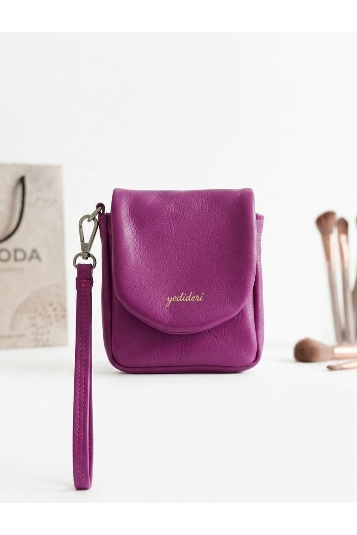 Virabio leather products Kadın Hakiki mor Deri Cüzdan - Bilek Askılı Mini Kartlık ve Rujluk