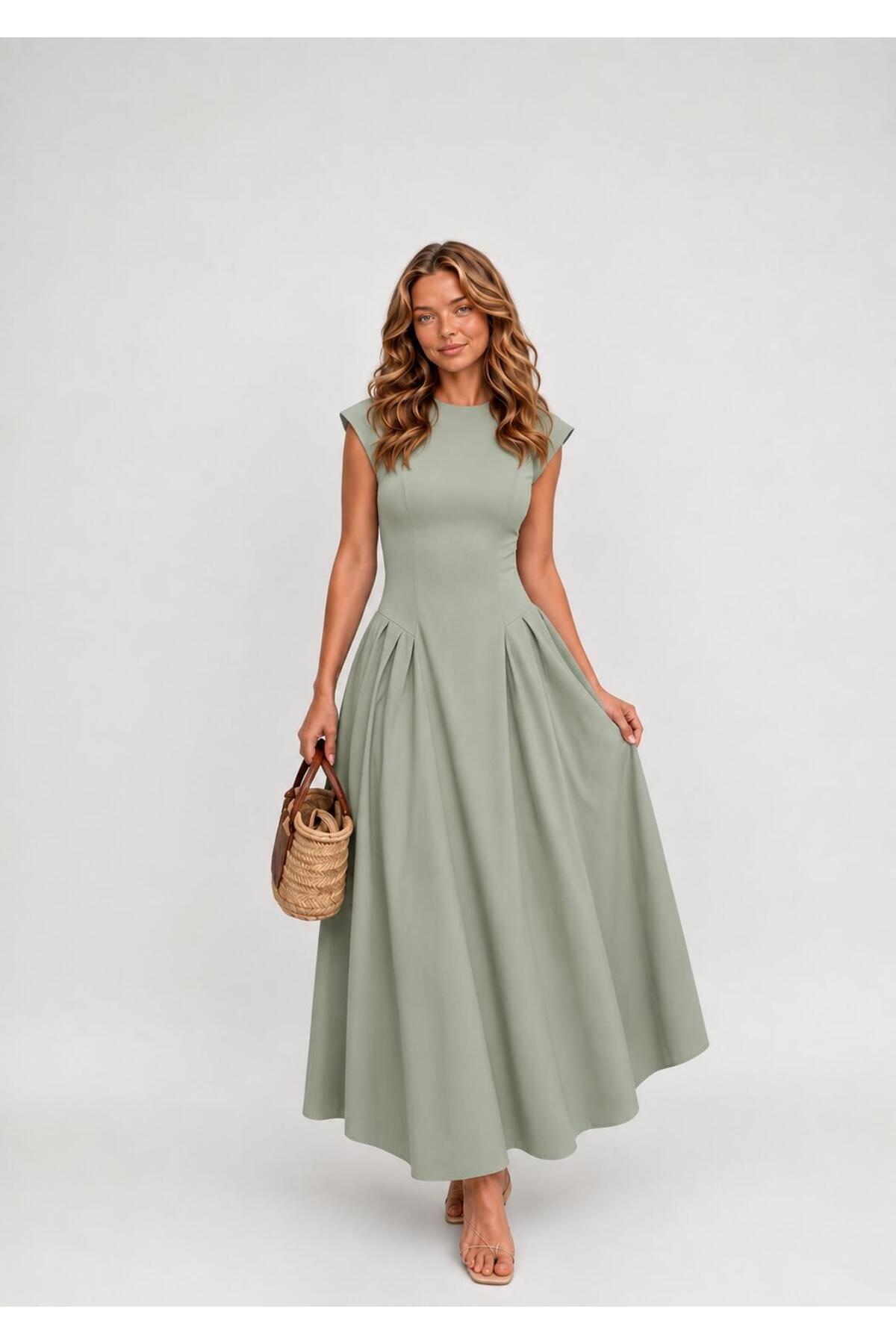 Raunk Vintage Elegance Yeşil Belden Oturtmalı Maxi Elbise