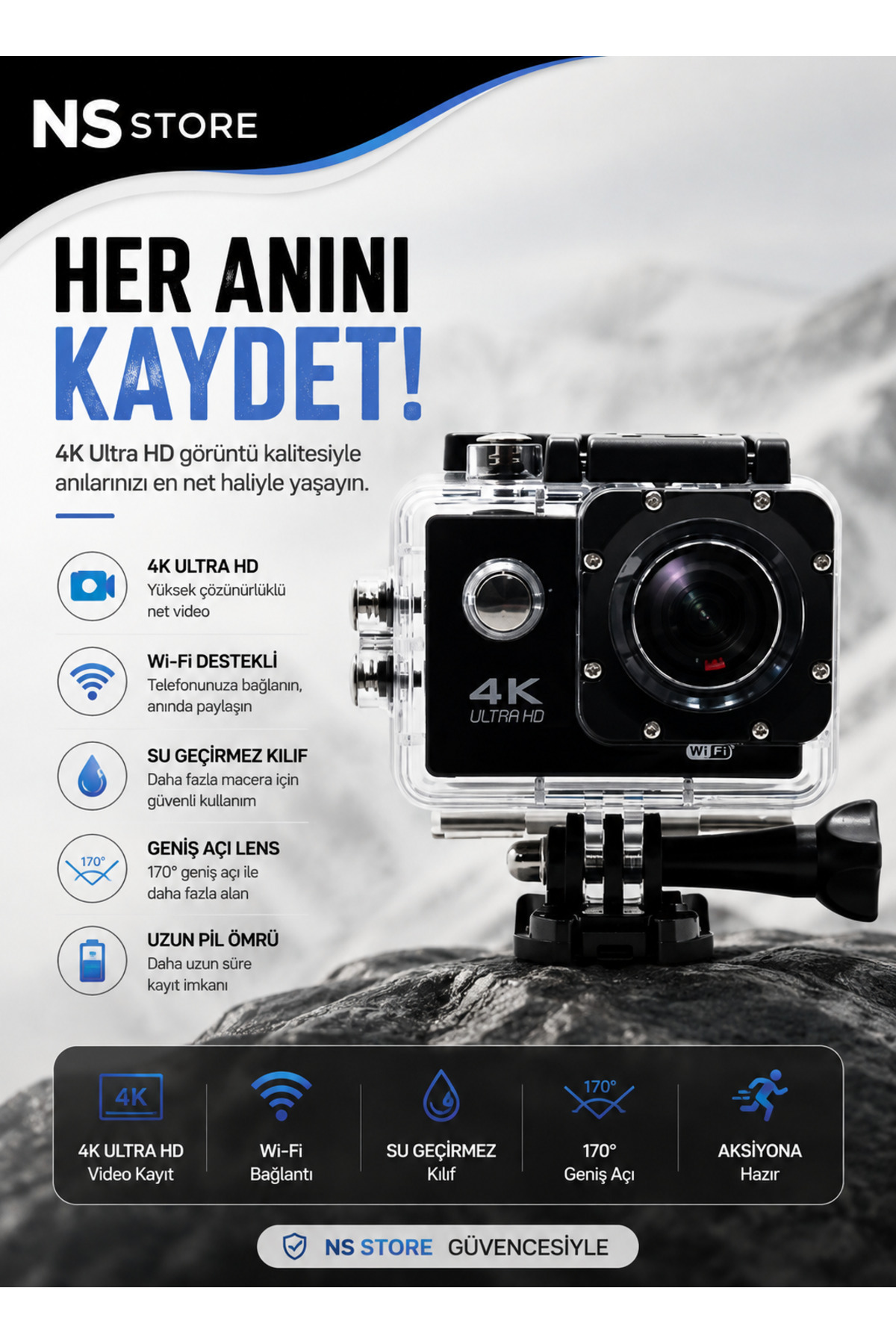 NS Store 4K Ultra Hd Wi-Fi Su Geçirmez Siyah Aksiyon Kamerası Montaj Apartları Dahil