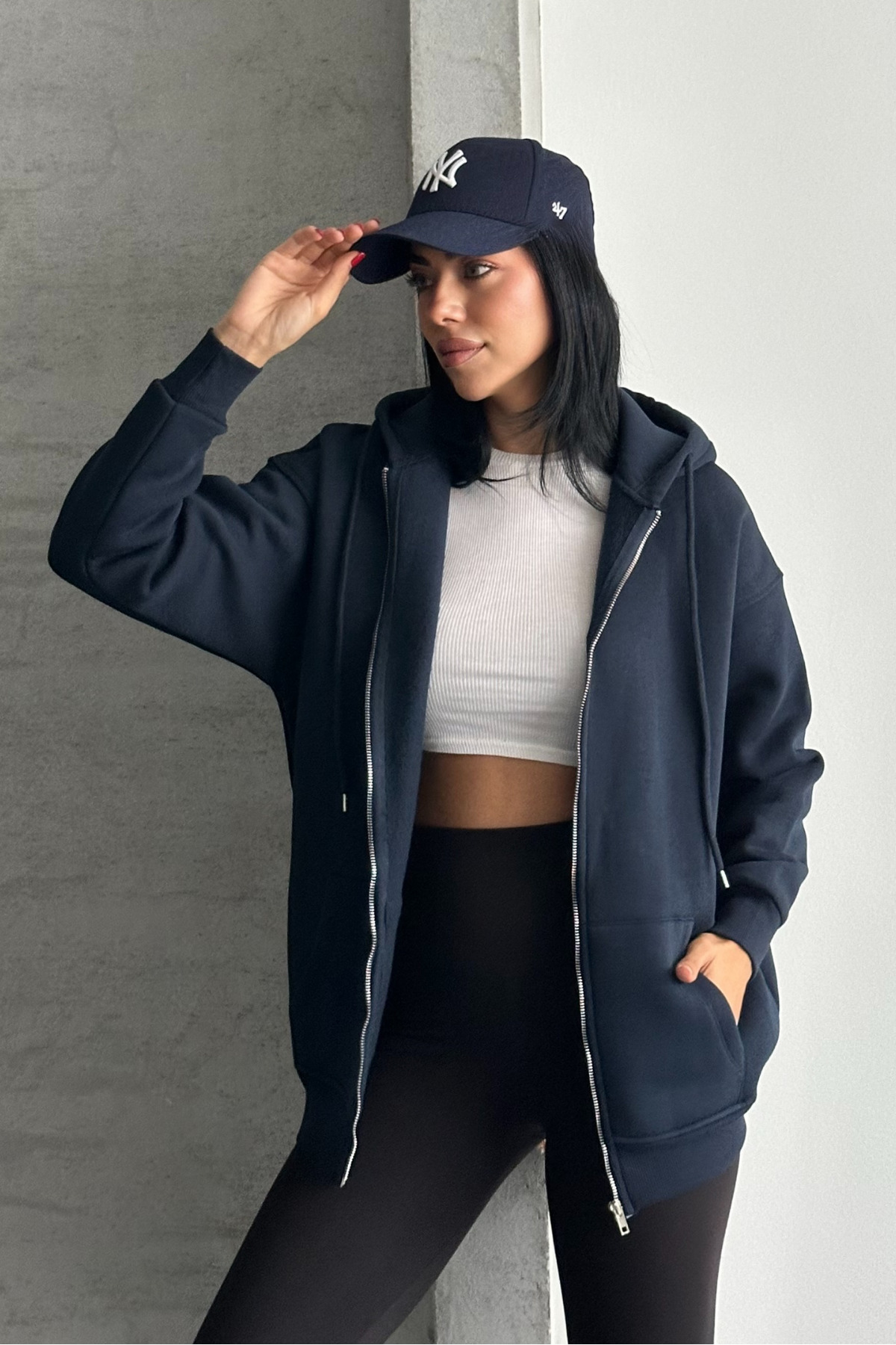 macharel jeans Oversize Kalıp 3 Iplik Şardonlu Metal Fermuarlı Kapşonlu Sweatshirt