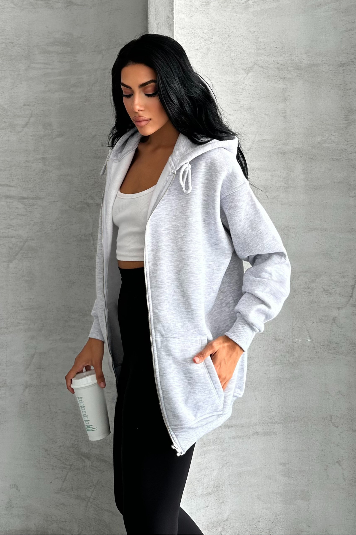 macharel jeans oversize kalıp 3 iplik şardonlu fermuarlı kapşonlu sweatshirt gri görsel 3