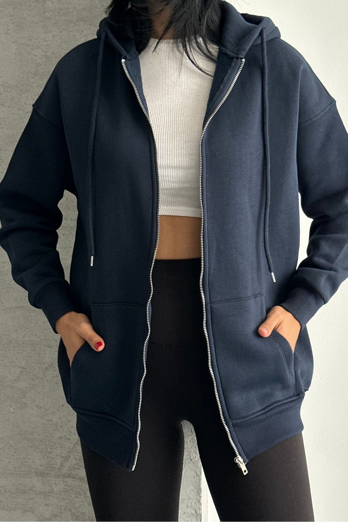 macharel jeans Oversize Kalıp 3 Iplik Şardonlu Metal Fermuarlı Kapşonlu Sweatshirt görsel 7