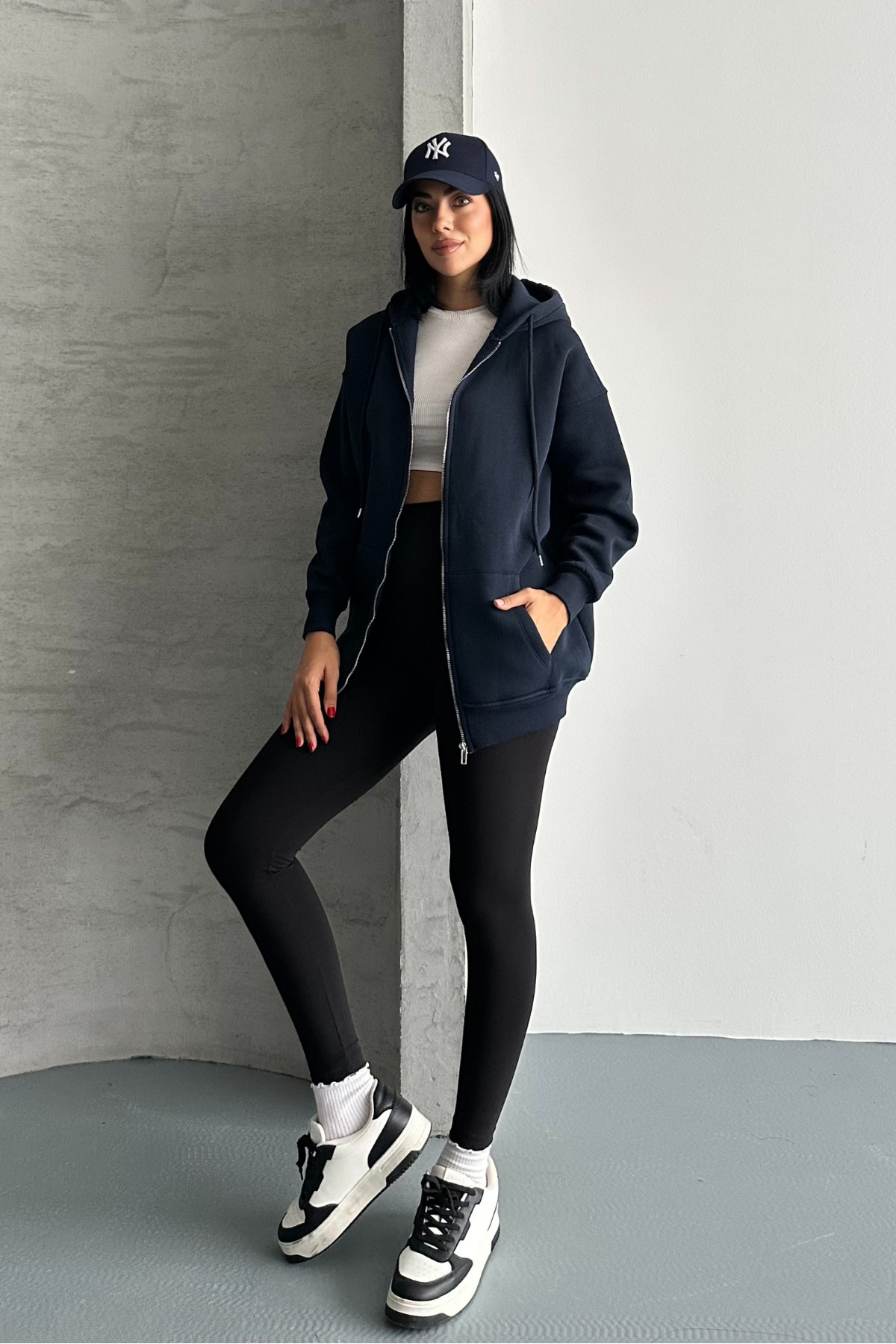macharel jeans Oversize Kalıp 3 Iplik Şardonlu Metal Fermuarlı Kapşonlu Sweatshirt görsel 4