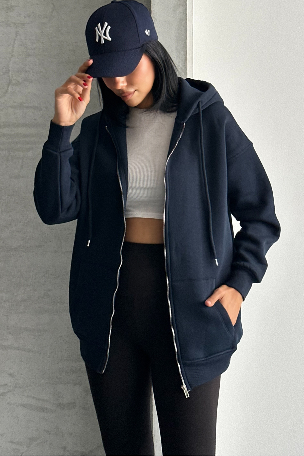 macharel jeans Oversize Kalıp 3 Iplik Şardonlu Metal Fermuarlı Kapşonlu Sweatshirt görsel 2