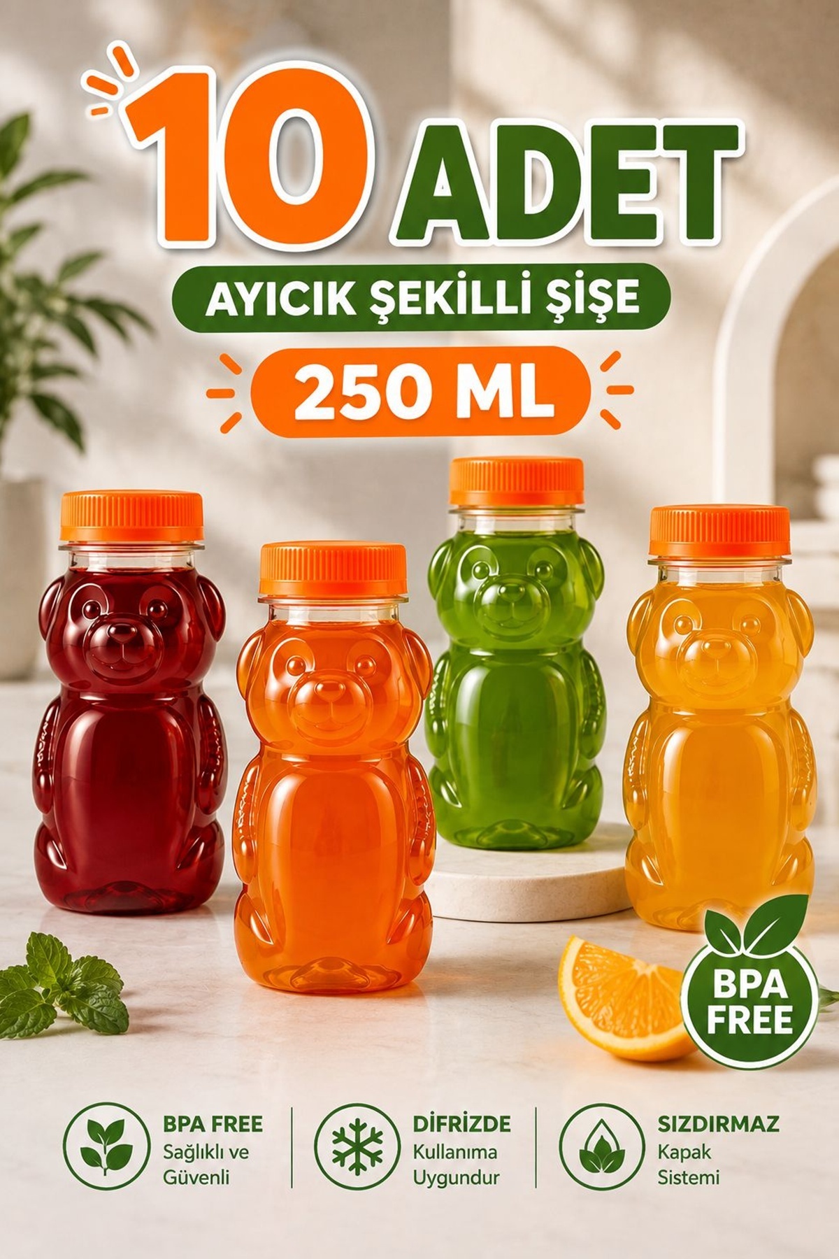 10 Adet Ayıcık Şekilli Şişe Okul Piknik Meyve Suyu Smoothie Detoks Ginger Şeffaf Plastik Sızdırmaz