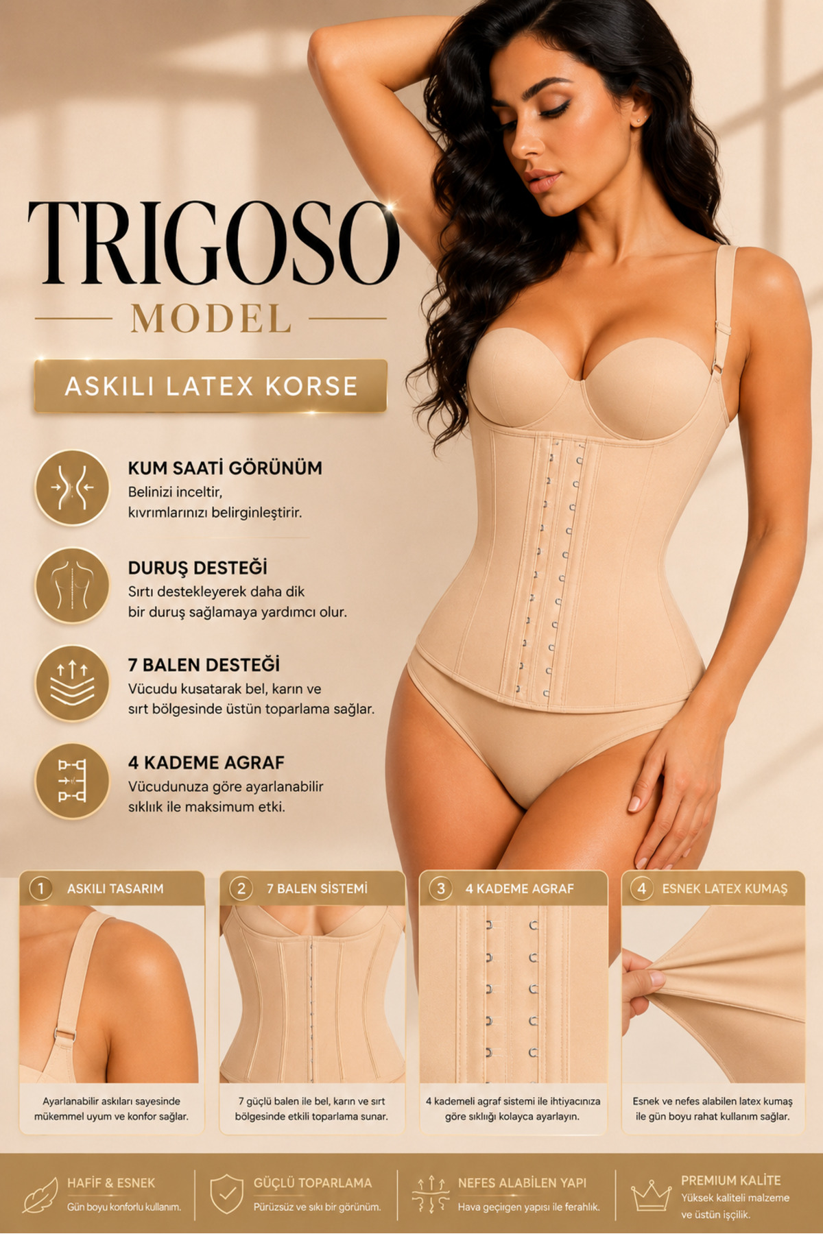 MİSTİRİK Trigoso Model 4 Aşamalı Sıkılaştırıcı Kum Saati Görünümü Veren Askılı Latex Korse Ten Renk görsel 3