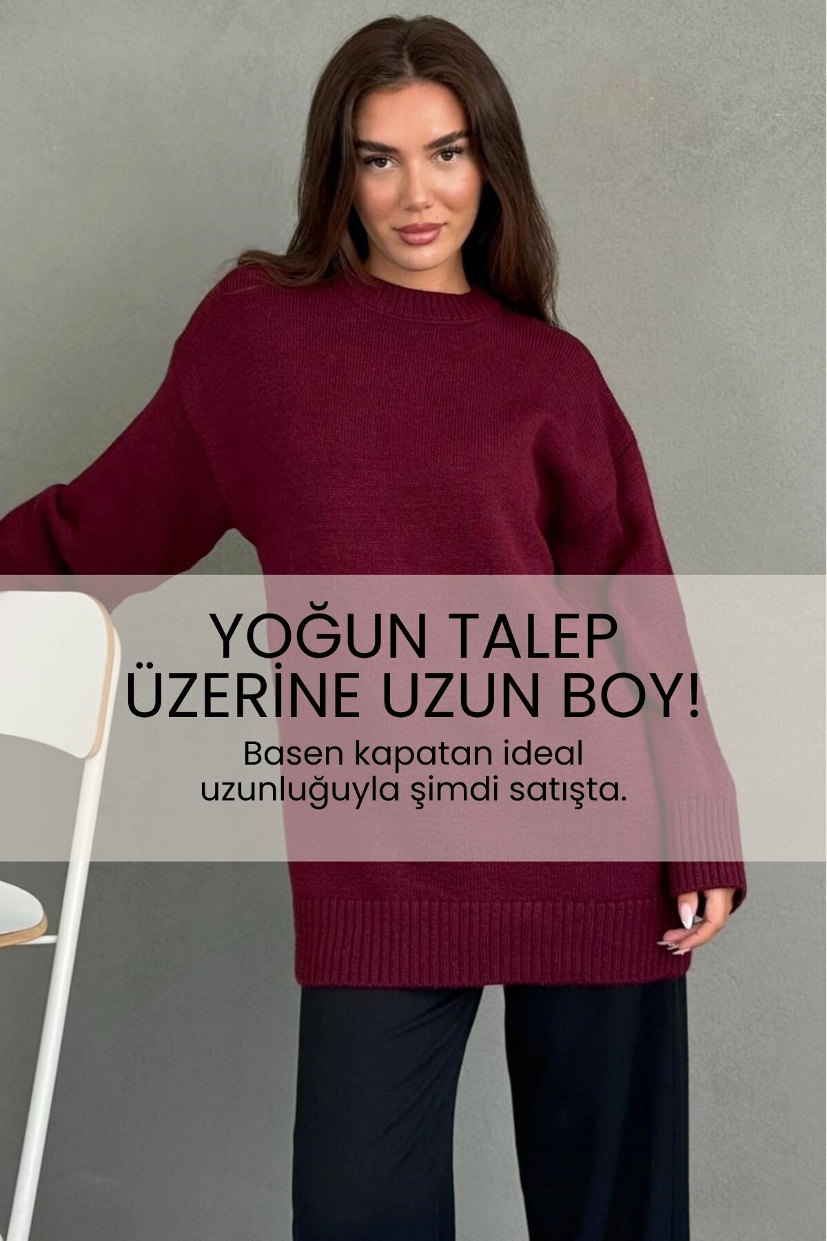 Madmext Bordo Bisiklet Yaka Oversize Uzun Kadın Triko Kazak MG2890 görsel 2
