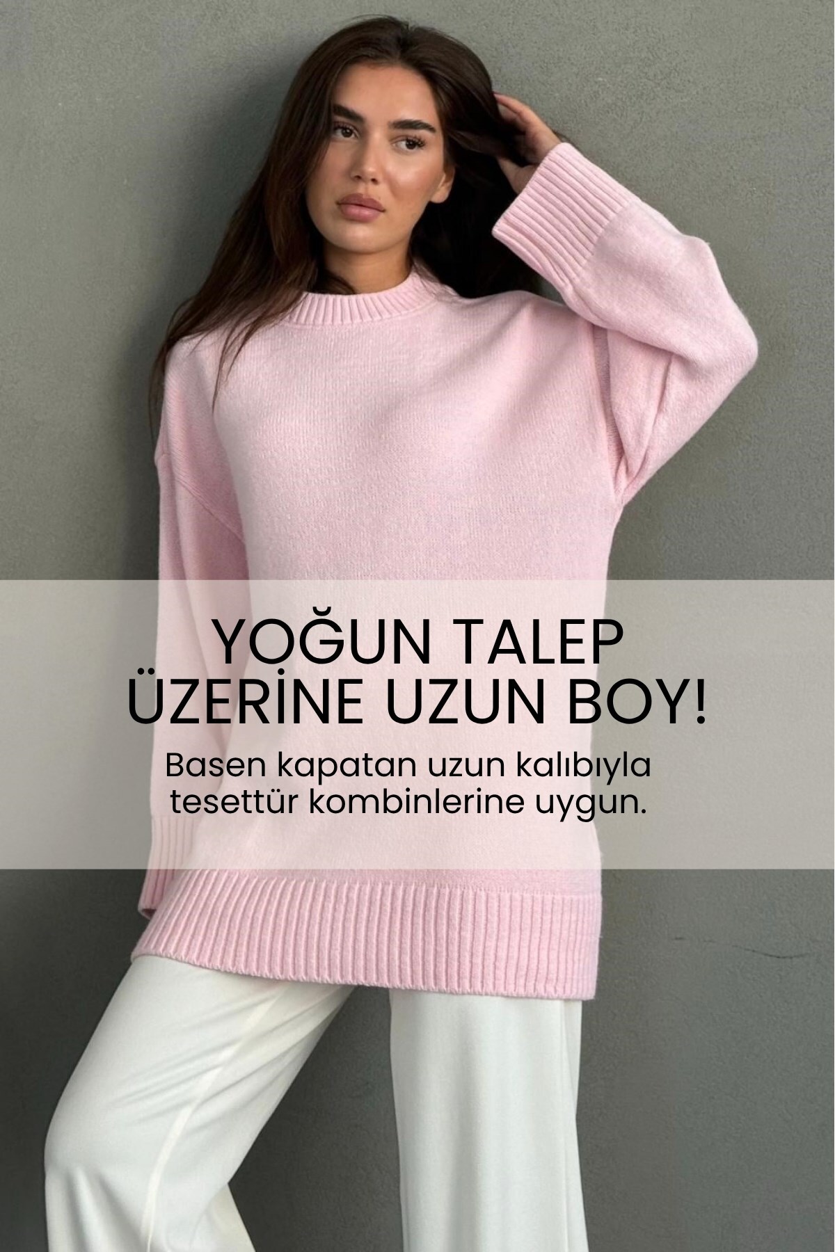 Madmext Pembe Bisiklet Yaka Oversize Uzun Kadın Triko Kazak MG2890 görsel 2