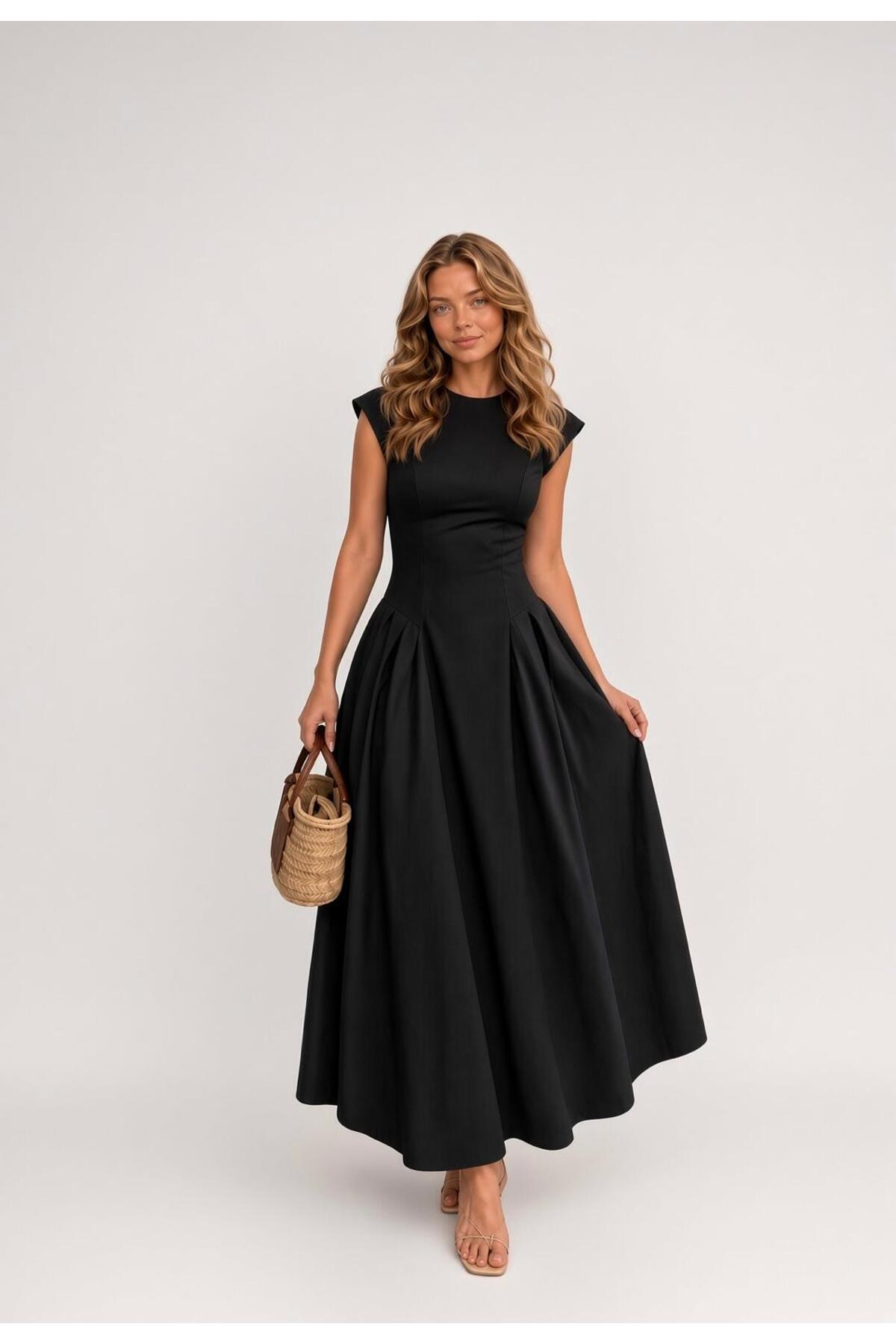 Raunk Vintage Elegance Siyah Belden Oturtmalı Poplin Kumaş Maxi Elbise görsel 2