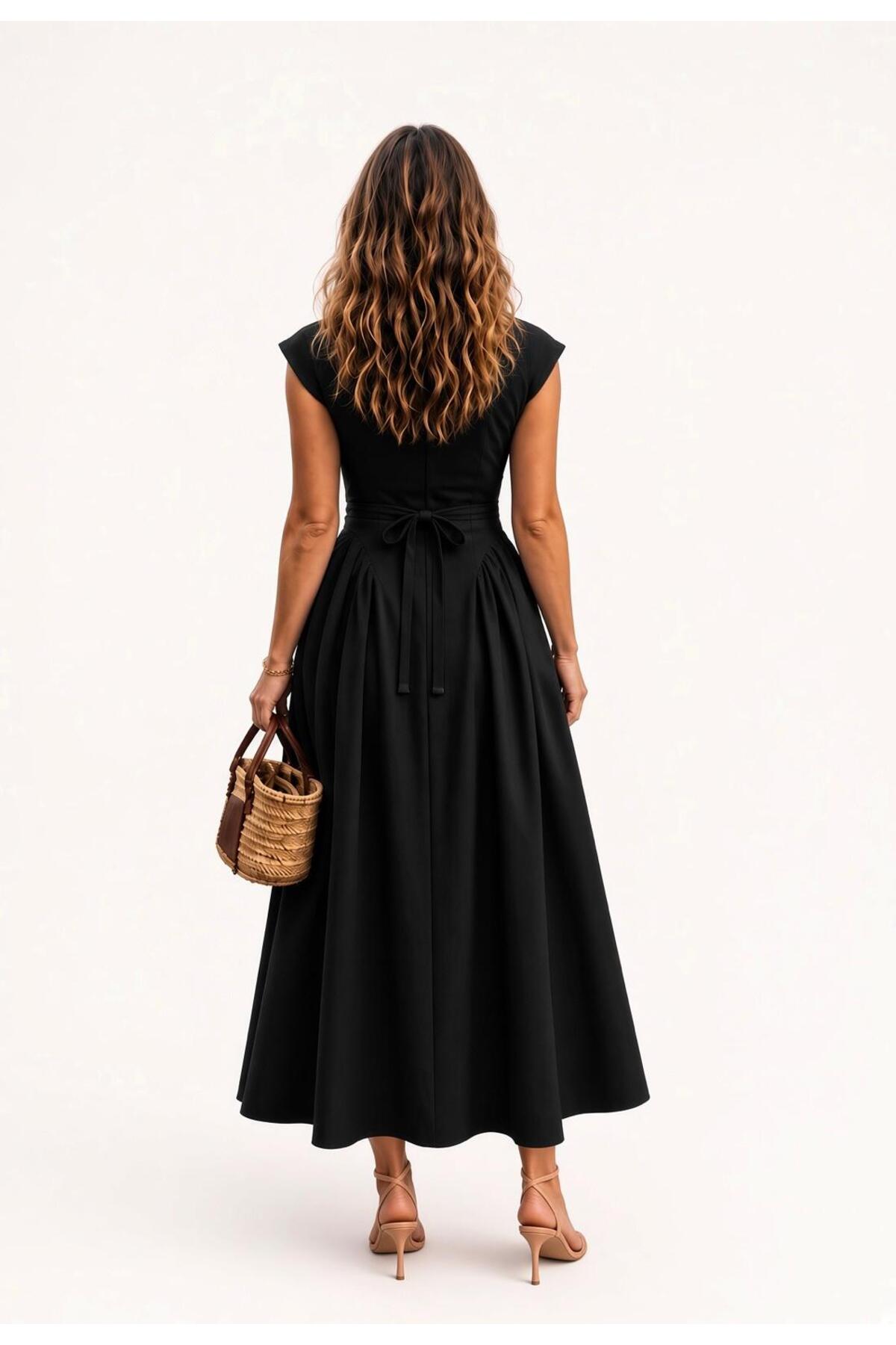 Raunk Vintage Elegance Siyah Belden Oturtmalı Poplin Kumaş Maxi Elbise görsel 3
