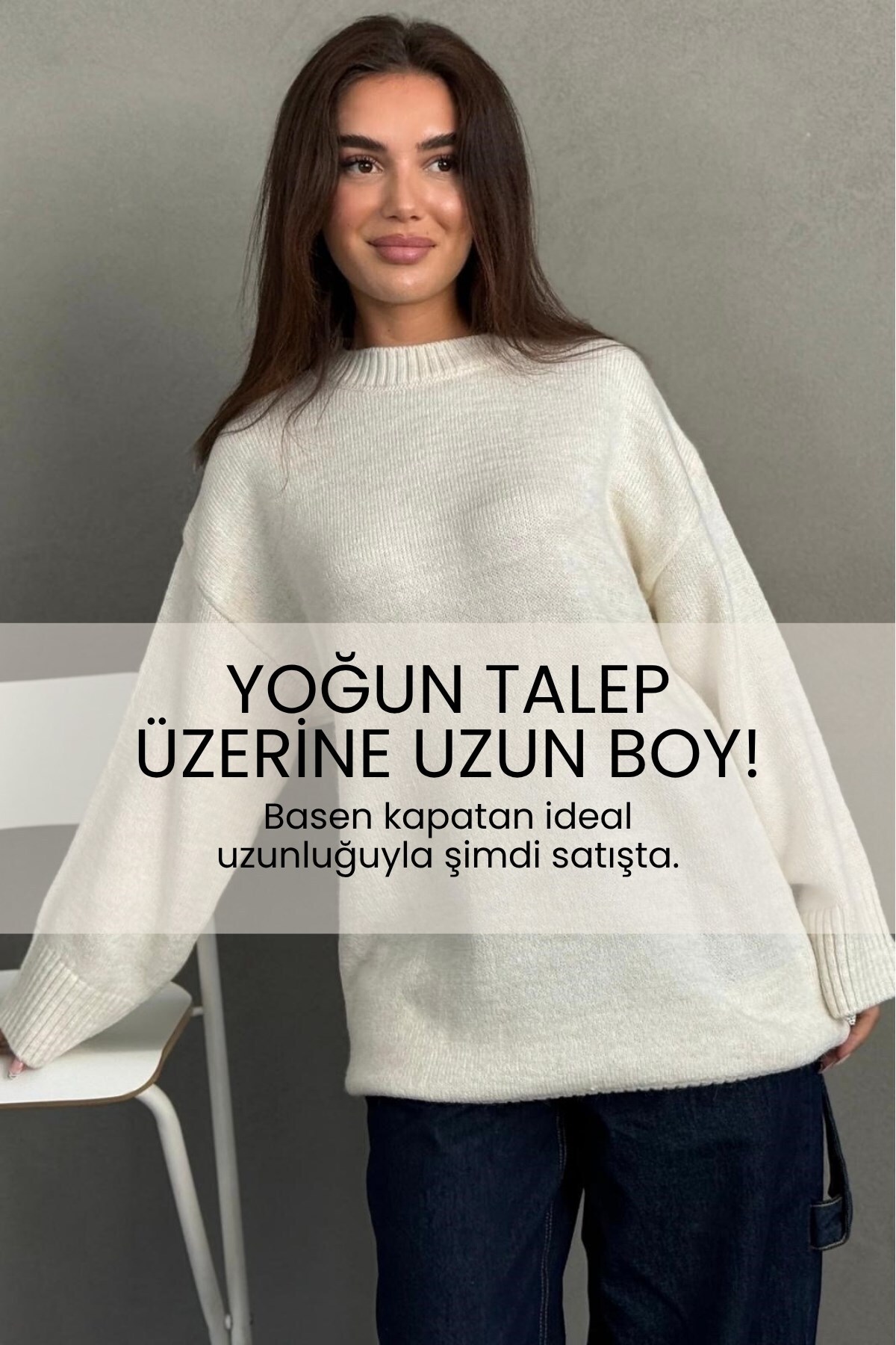 Madmext Ekru Bisiklet Yaka Oversize Uzun Kadın Triko Kazak MG2890 görsel 2