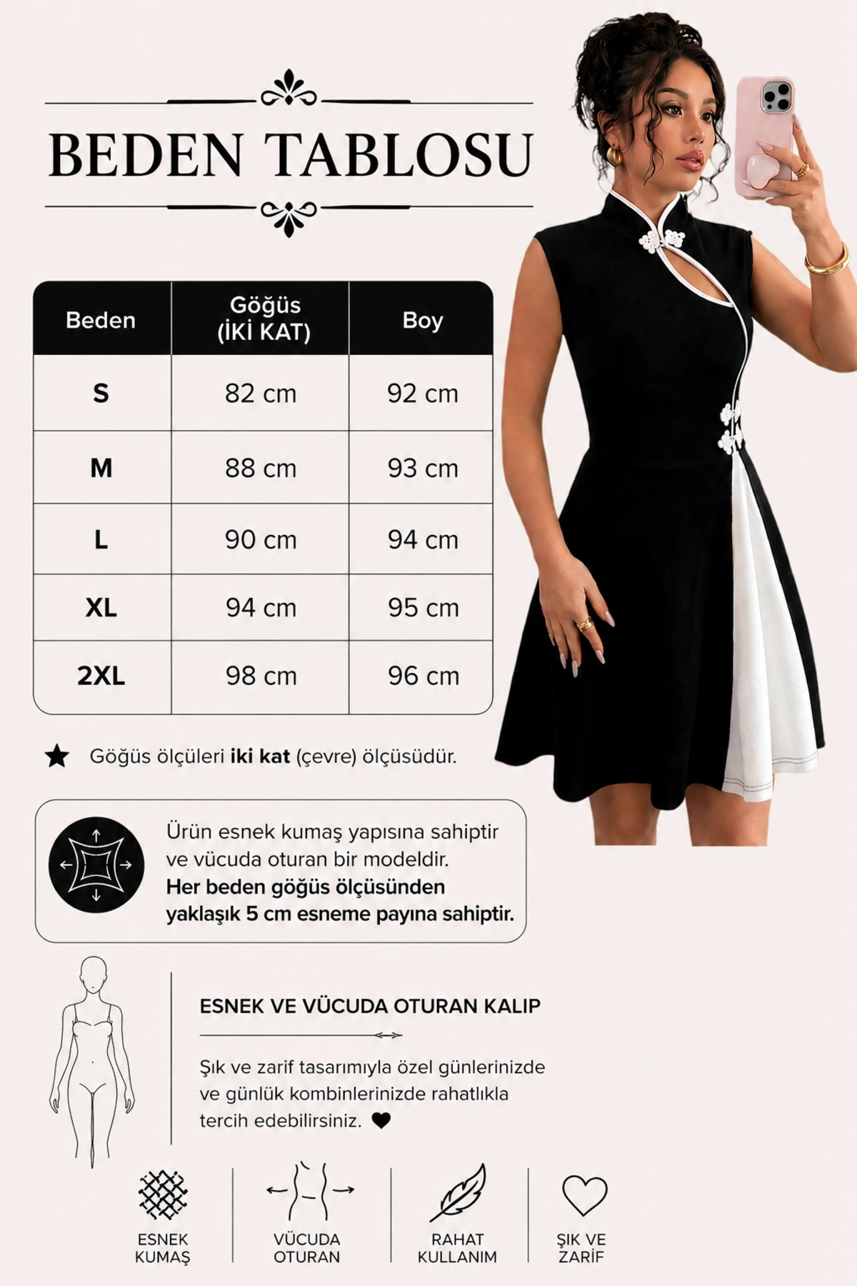 MetuCA Kadın Siyah Çin Yakalı Kloş Etekli Pinterest Dalgıç Kumaş Mini Abiye Elbise görsel 5