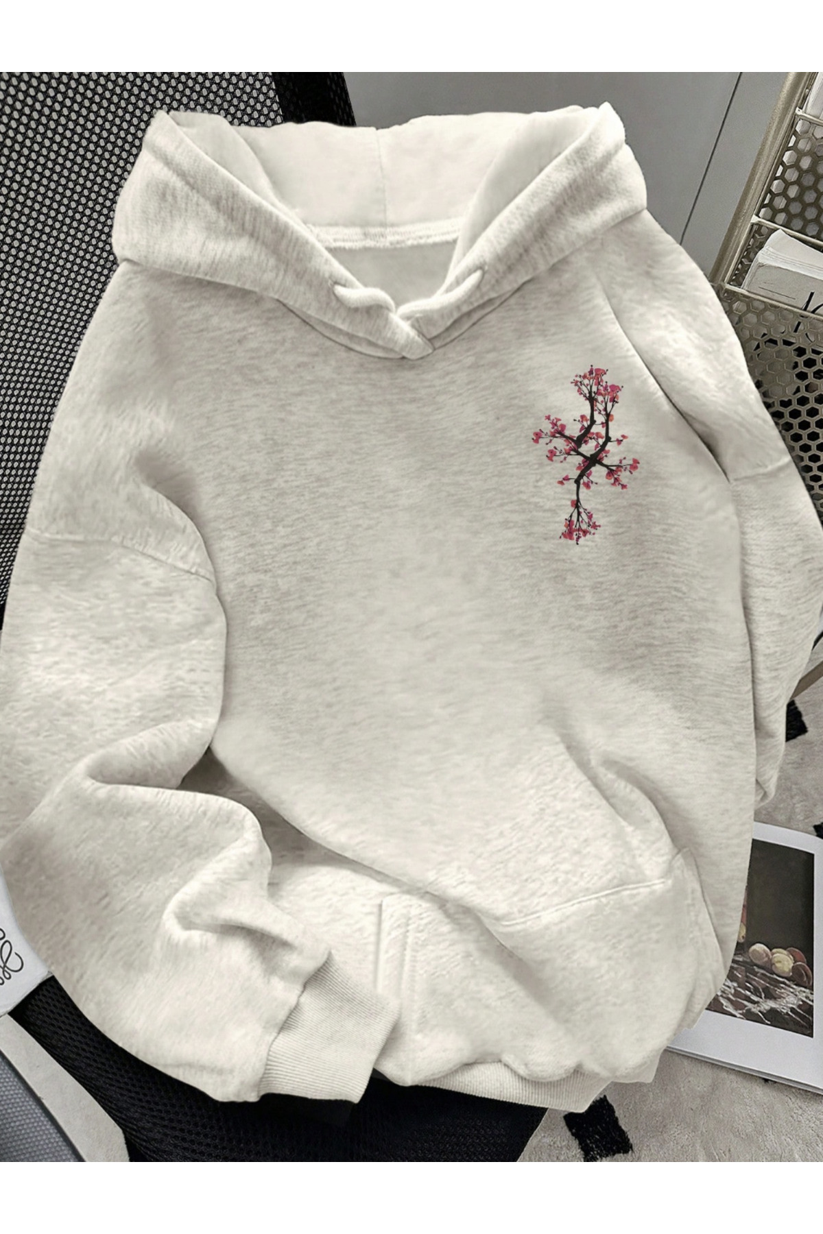 Unisex Erkek/Kadın PEMBEAĞAÇ Renkli Özel Baskılı Pamuklu Oversize Kapüşonlu Sweatshirt — خاکستری PEMBEAĞAÇ-KAPŞON-COHERENT- — تصویر 2 از 5