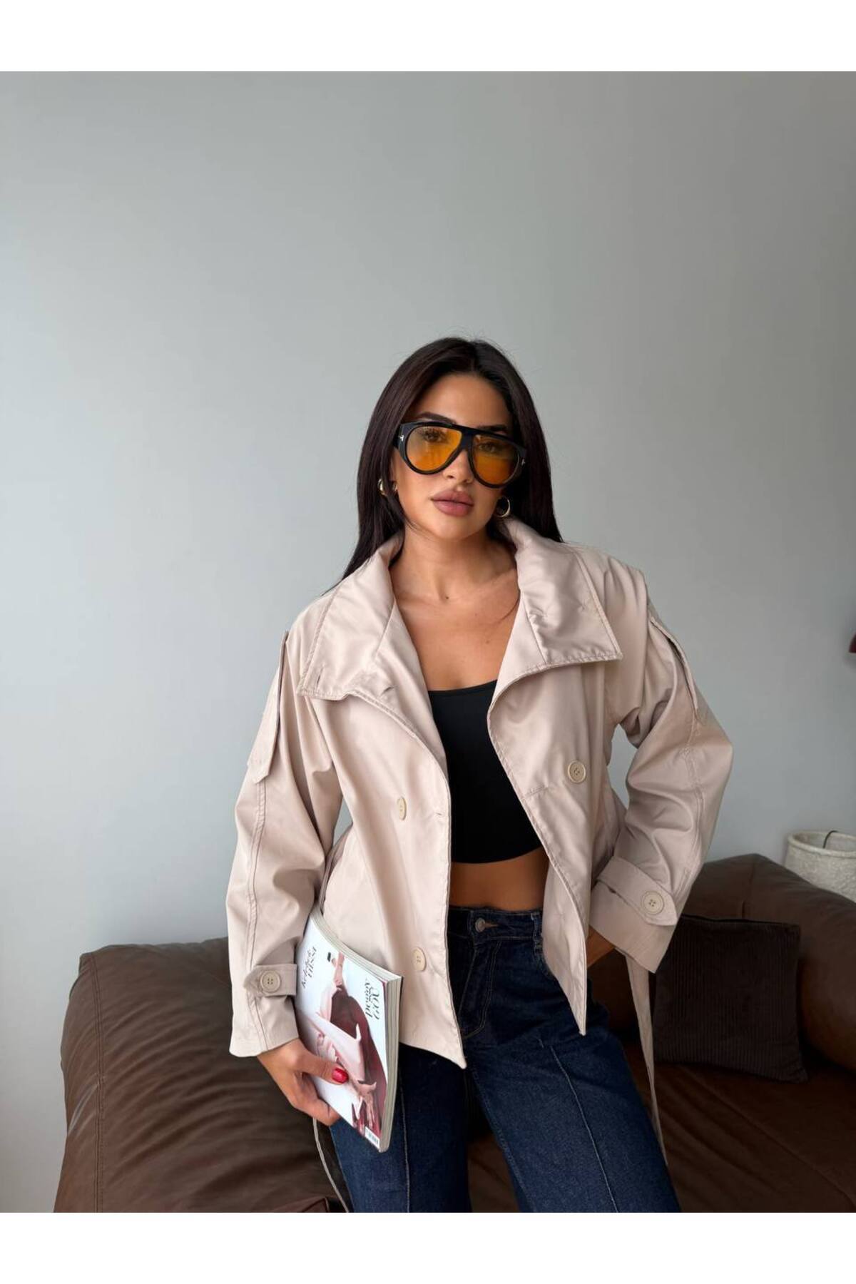 Reysamoda Kadın Bej Kruvaze Trençkot Ceket, Düğmeli Oversize Şık Günlük Model görsel 3