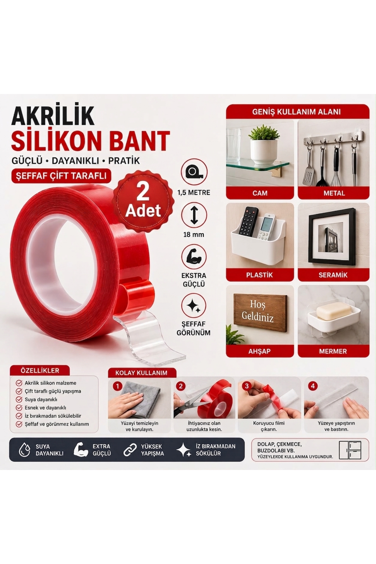 BuradaBuldun Şeffaf Çift Taraflı Akrilik Silikon Bant 1,5 Metre 18 mm Ekstra Güçlü 2 Adet
