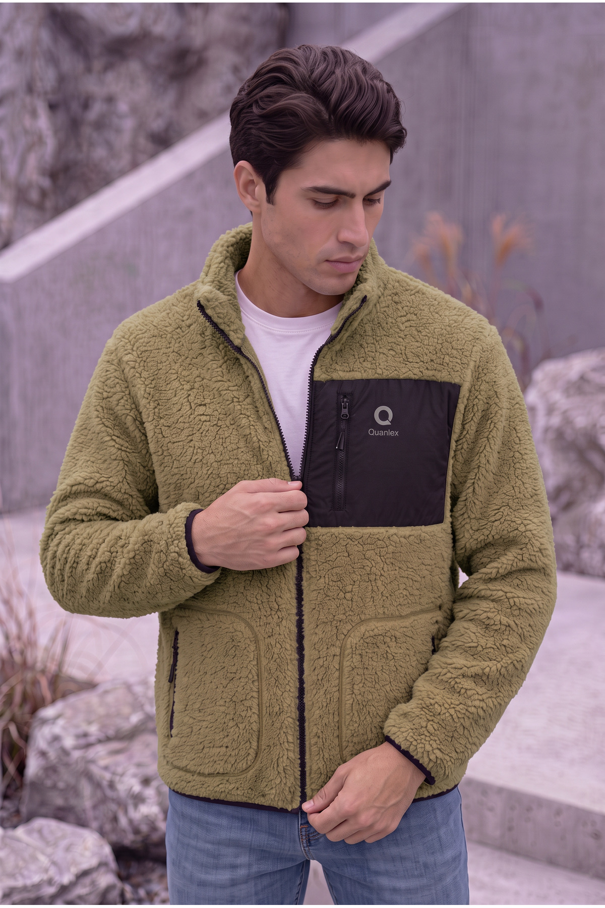 Haki KUZU WELSOFT POLAR BOYDAN FERMUARLI SICAK TUTAN YÜNLÜ CEKET — خاکی E0600