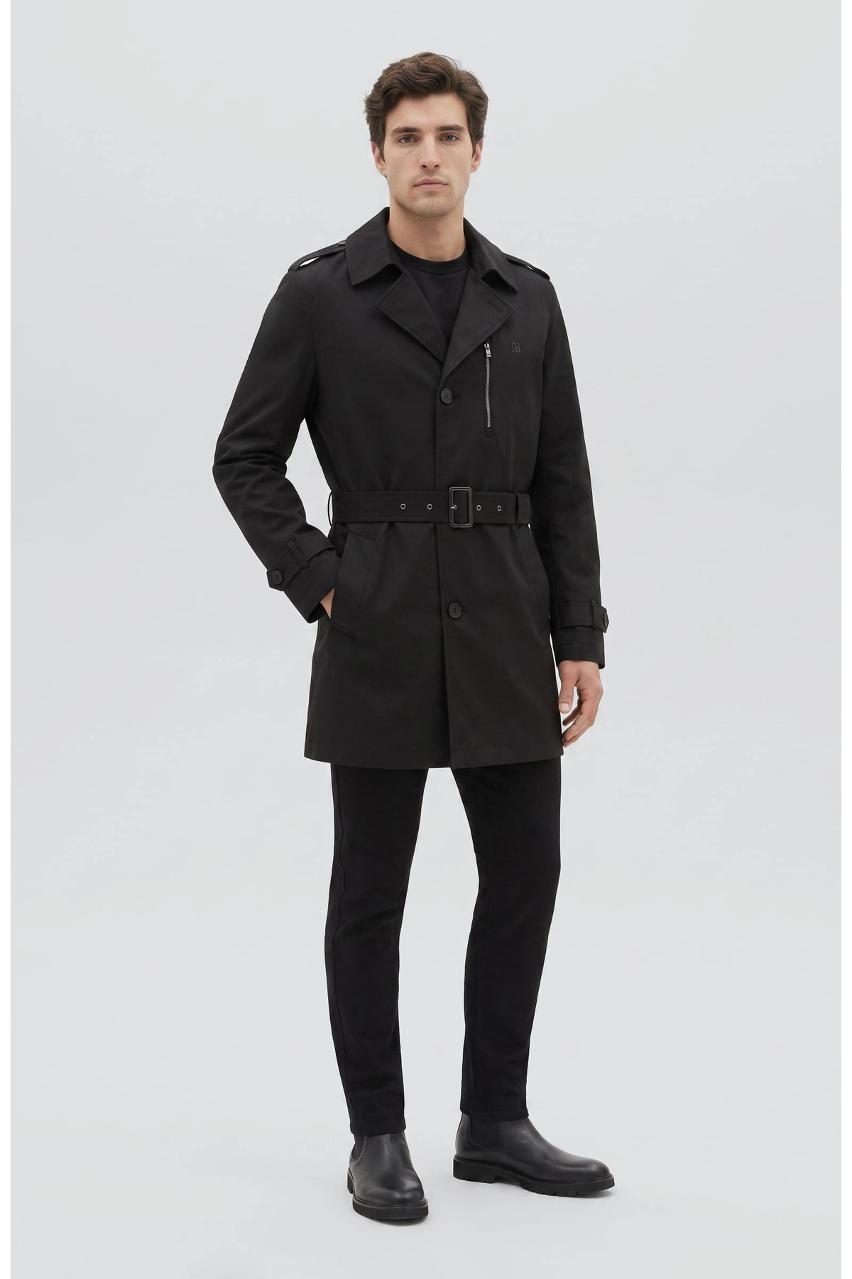 Network Slim Fit Siyah Mono Kapamalı Kuşaklı Pardösü görsel 3