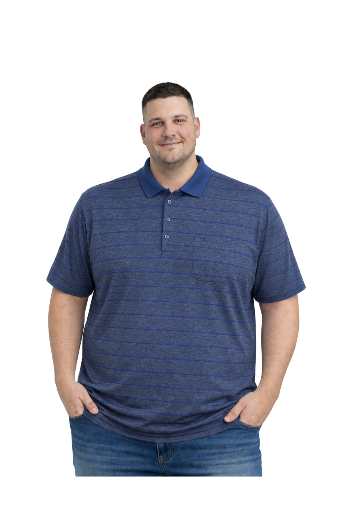 BattalModa Erkek Büyük Beden İndigo Polo Yaka Çizgili Cepli Kısa Kollu Tişört 3XL-4XL-5XL-6XL