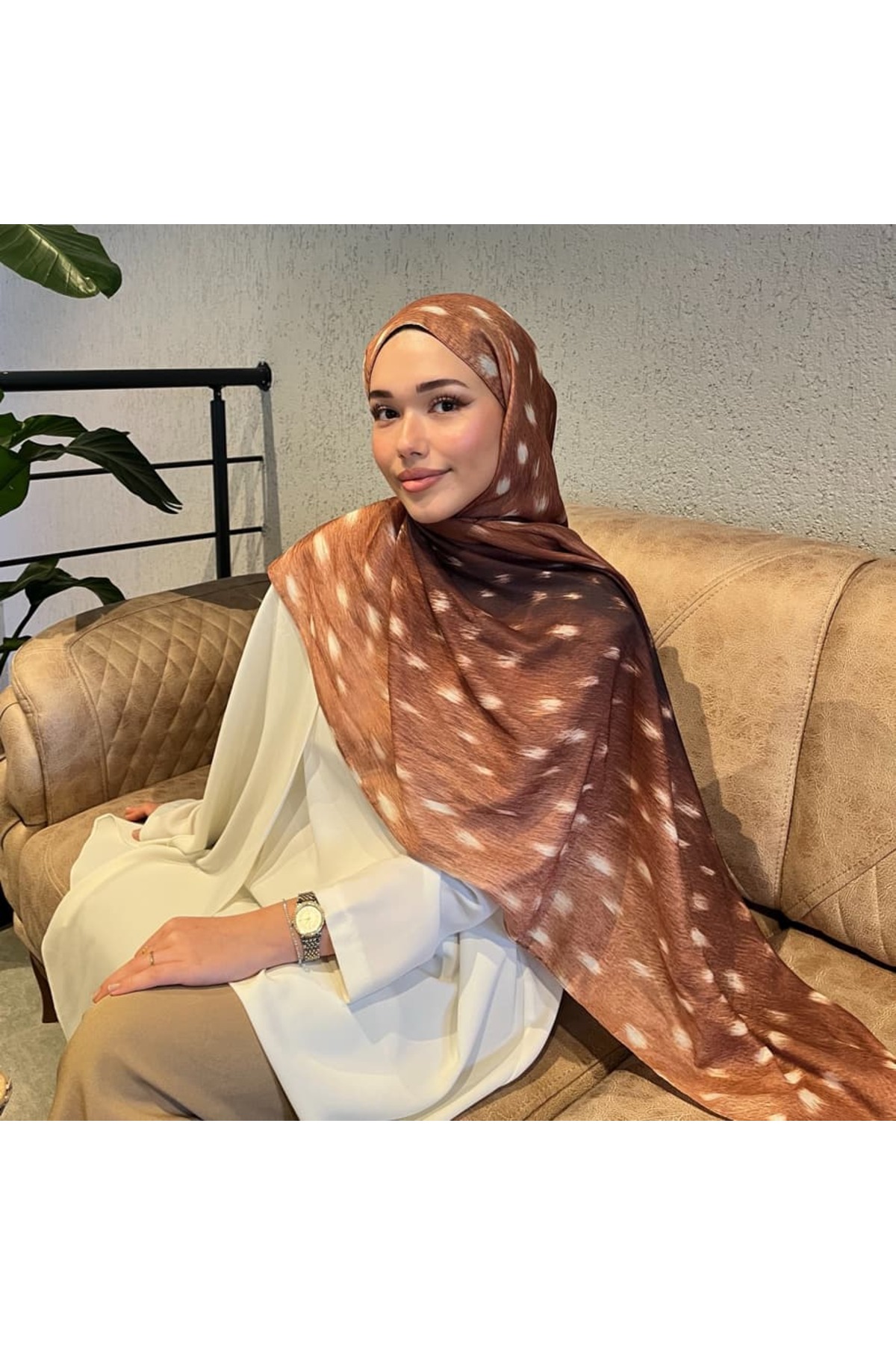 Rise Scarf Ceylan Bambi Desen Pamuk Şal Kestane