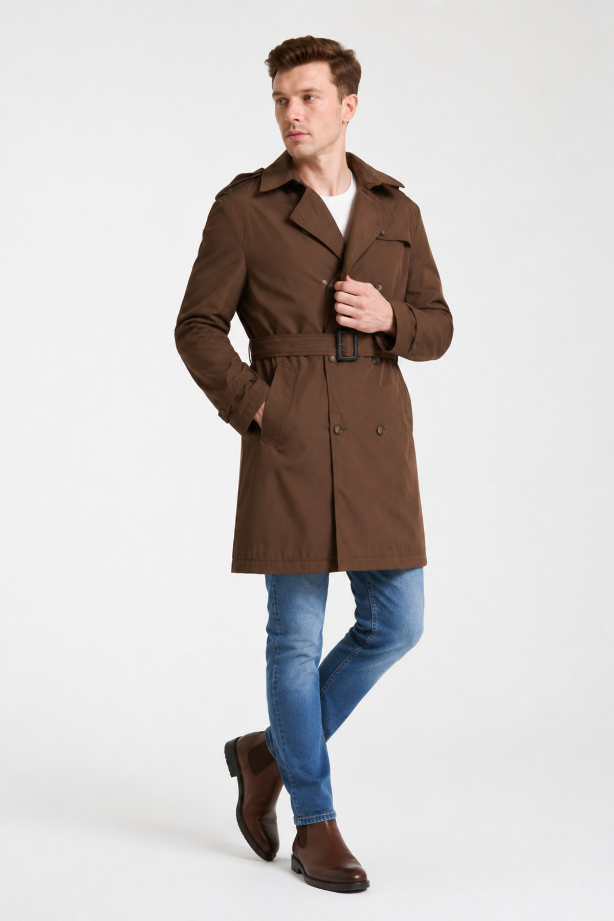 İLKCET MODA Erkek Kahve Su Geçirmez Regular Trençkot görsel 3