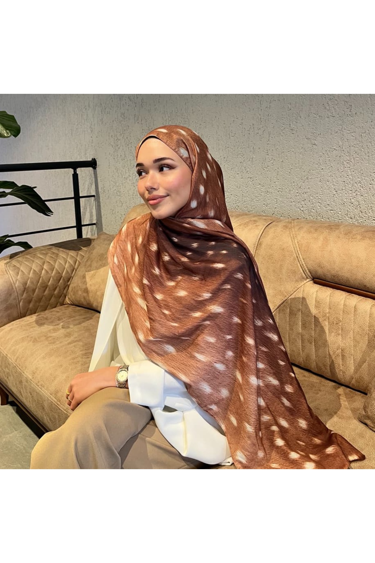 Rise Scarf Ceylan Bambi Desen Pamuk Şal Kestane görsel 3