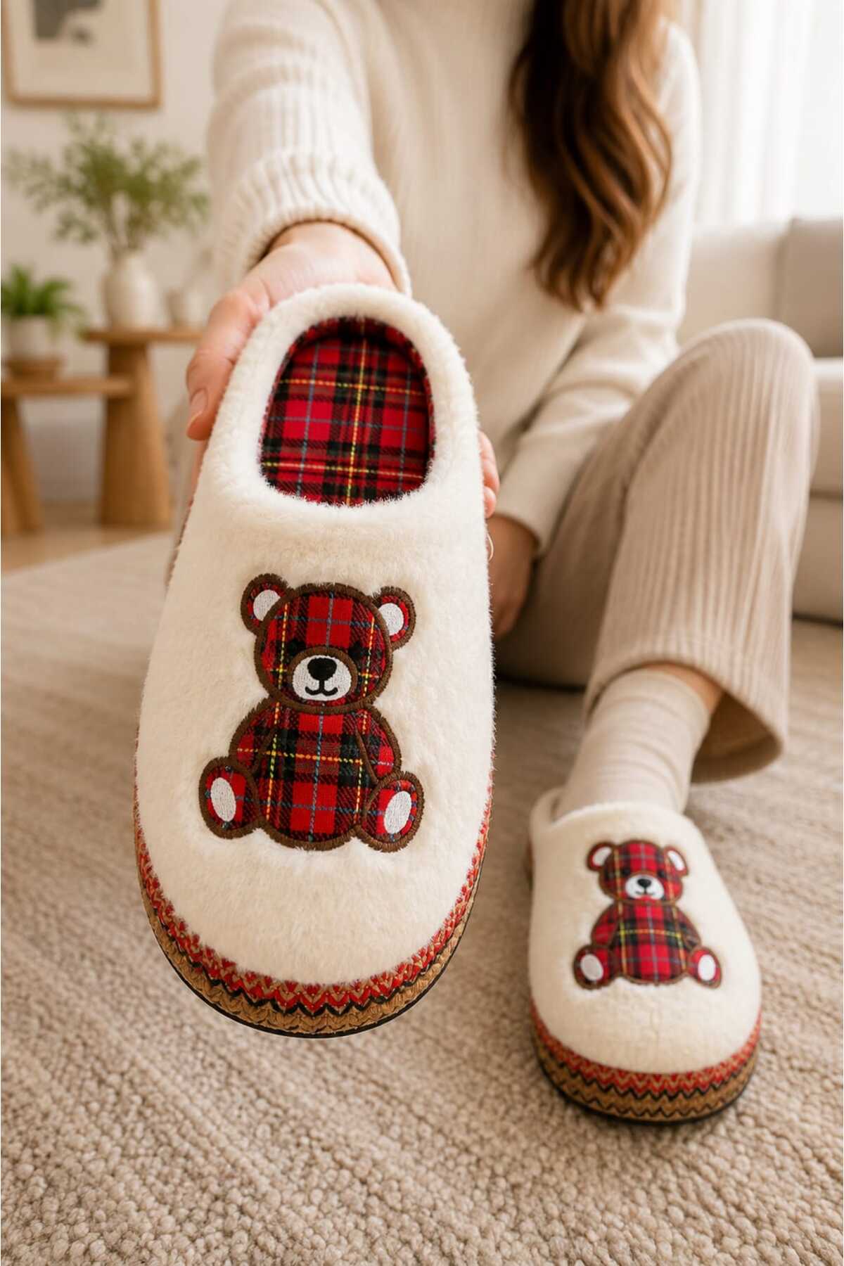 Slipcat Unisex, Ekose Desenli, Ayı Figürlü, Yumuşak, Peluş Kışlık Ev Terliği görsel 3