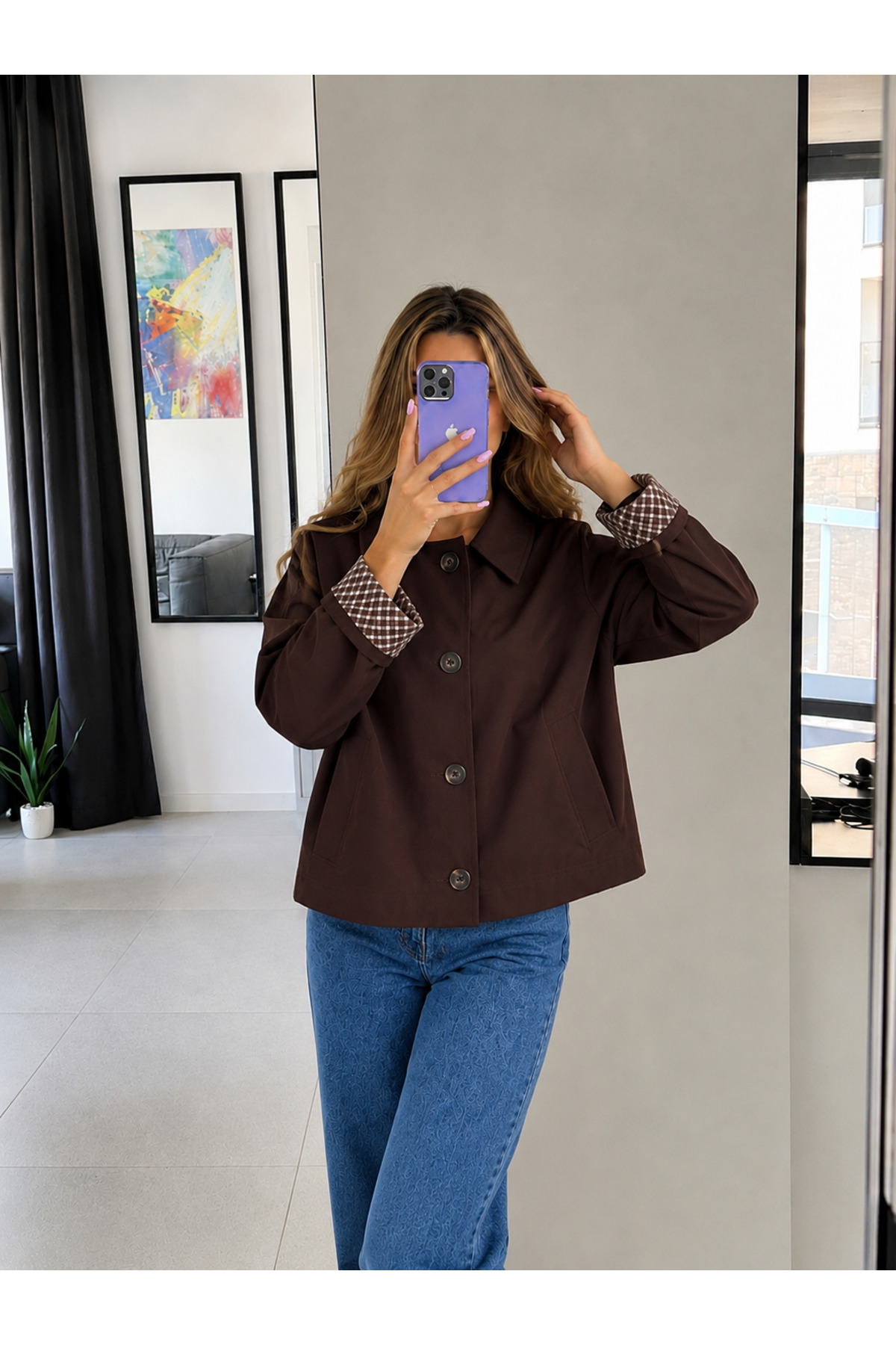 Ekim Store Astar Ekoseli Düğmeli Trenç Ceket görsel 4