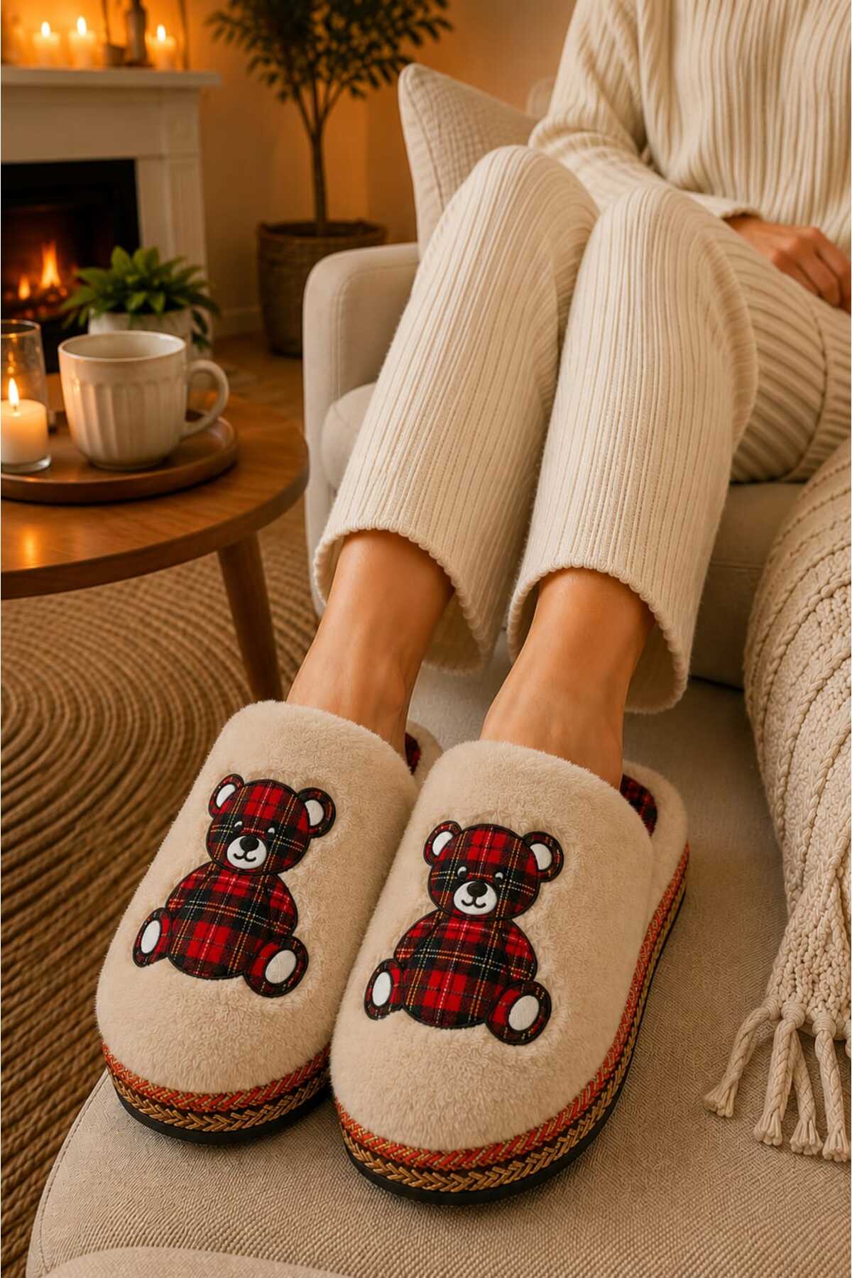 Slipcat Unisex, Ekose Desenli, Ayı Figürlü, Yumuşak, Peluş Kışlık Ev Terliği görsel 2