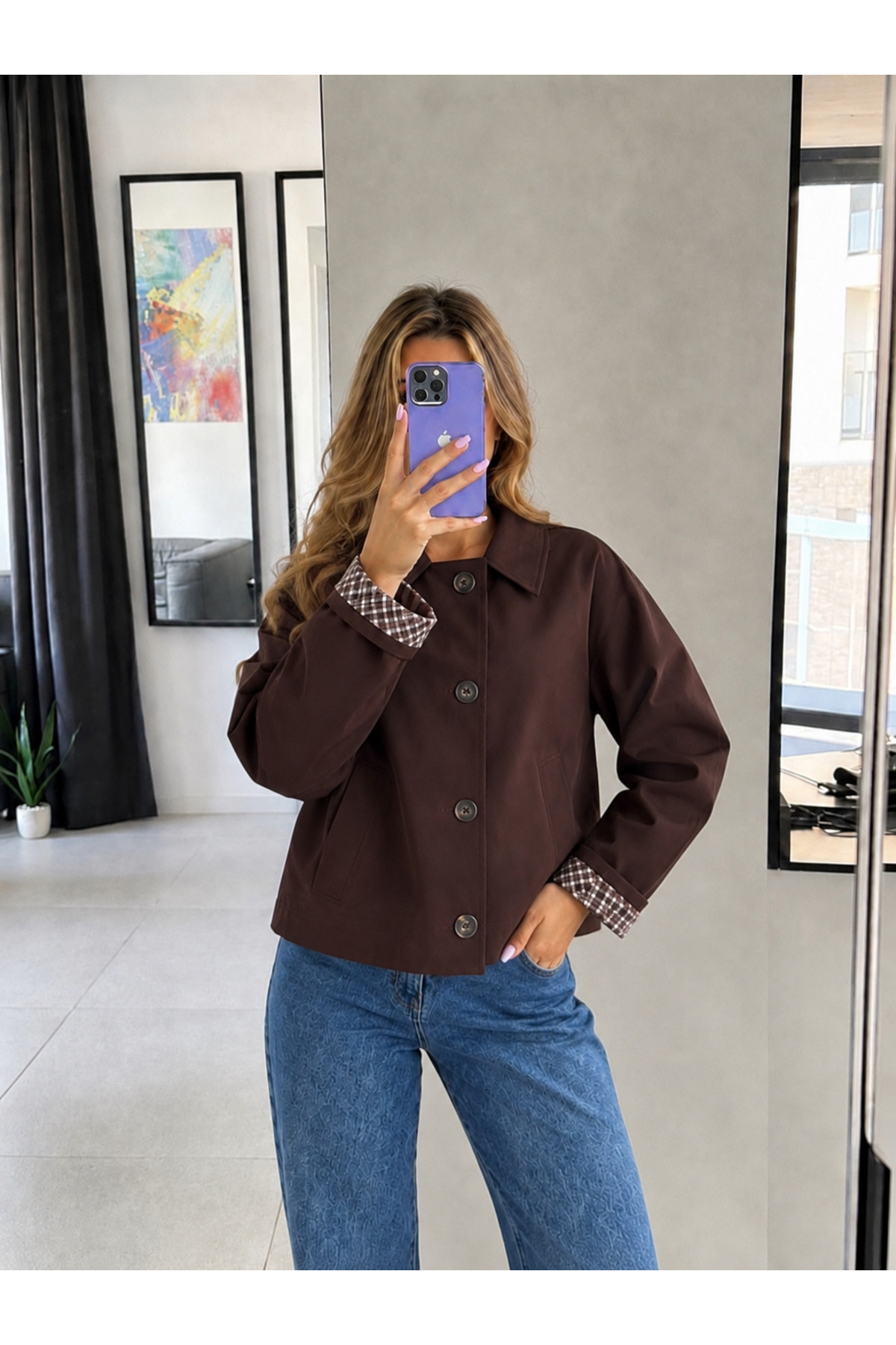 Ekim Store Astar Ekoseli Düğmeli Trenç Ceket görsel 3