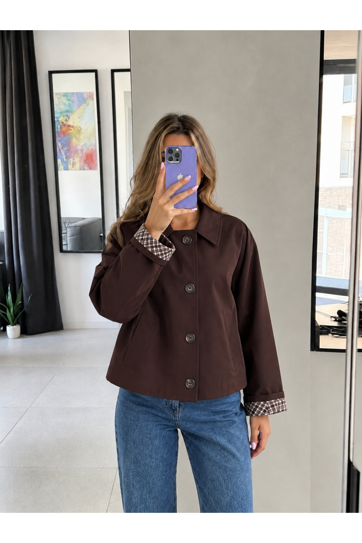 Ekim Store Astar Ekoseli Düğmeli Trenç Ceket