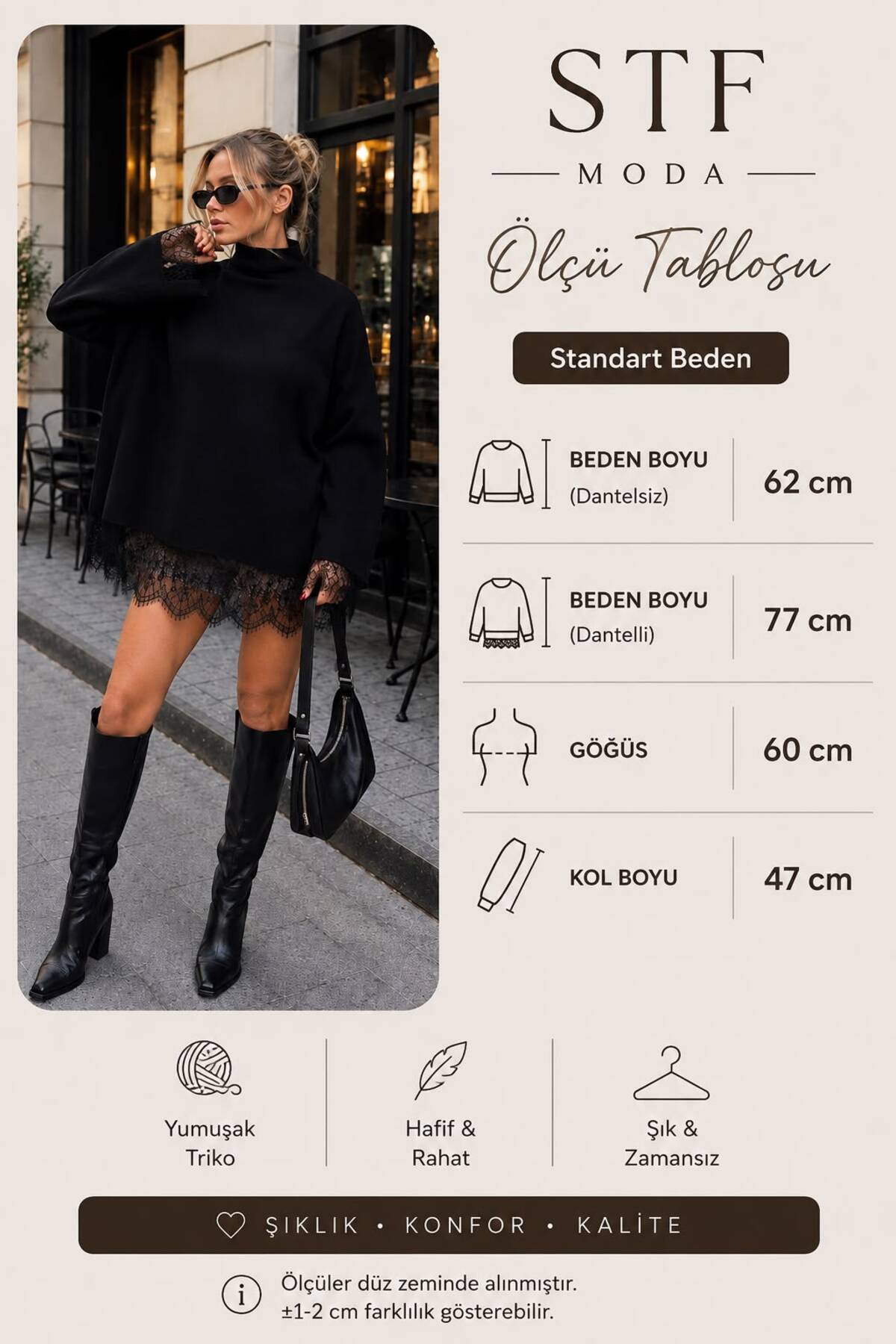 STF MODA Kadın Siyah Dantel Detaylı Yarım Balıkçı Yaka Oversize Triko Kazak görsel 6