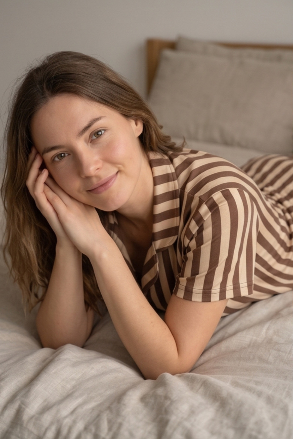 Mindy Kahverengi Şeritli Pijama Takımı, Çizgili Kısa Kollu Pijama Seti görsel 3