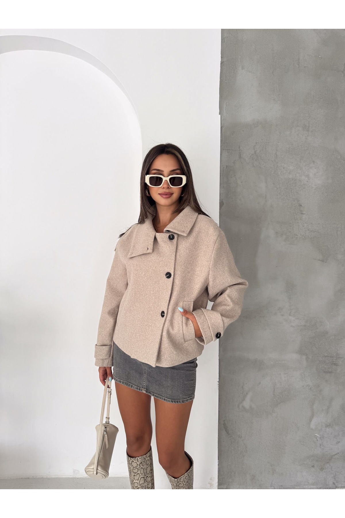 Ekim Store Dik Yakalı Düğmeli Kaşe Ceket görsel 3