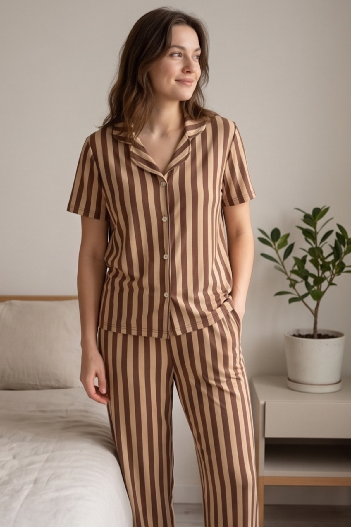Mindy Kahverengi Şeritli Pijama Takımı, Çizgili Kısa Kollu Pijama Seti görsel 7