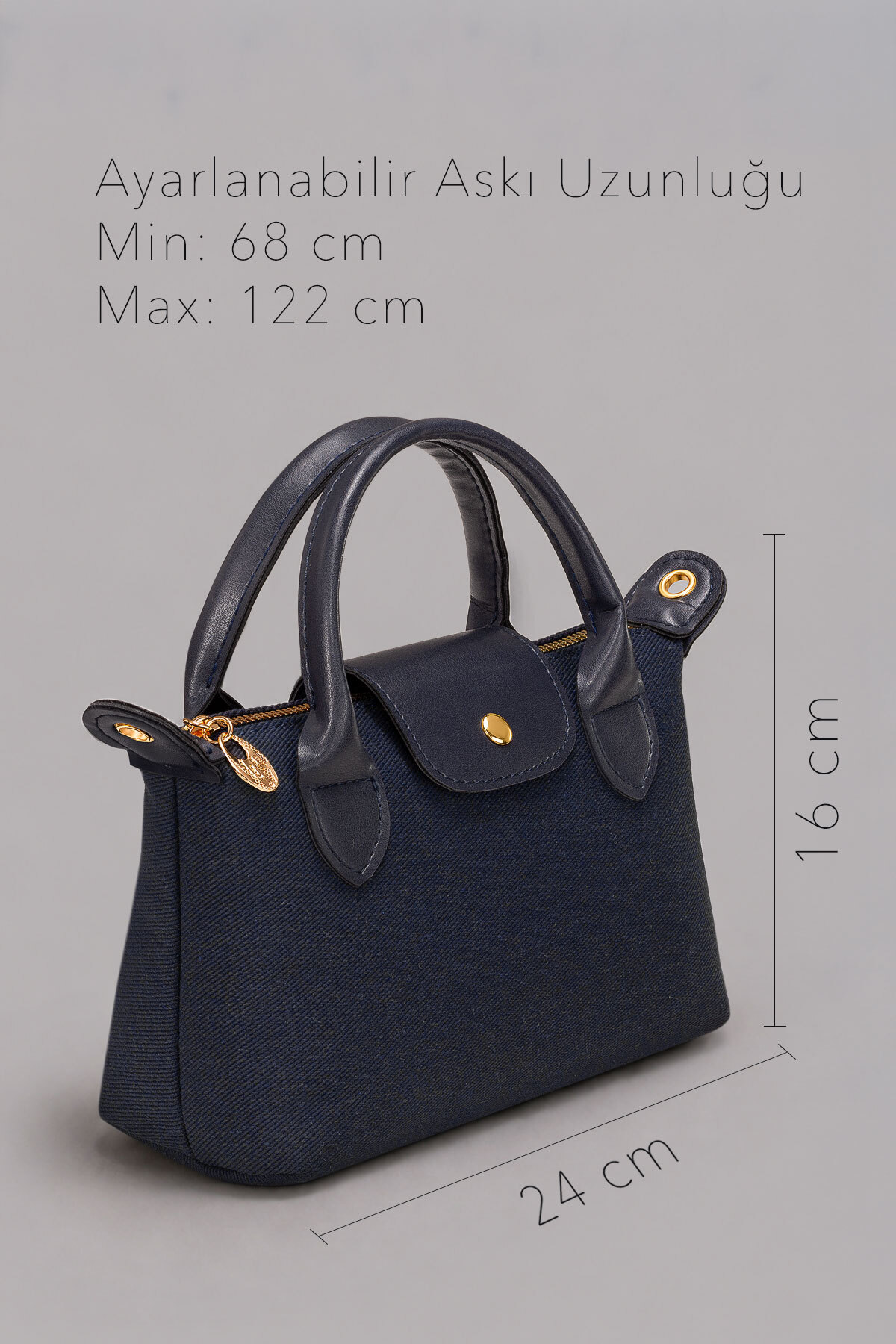 Housebags Midnight Navy, Gece Laciverti Dokulu Kanvas Kadın El ve Omuz Çantası, Gold Metal Detaylı, Fermuarlı Mini Çanta görsel 5